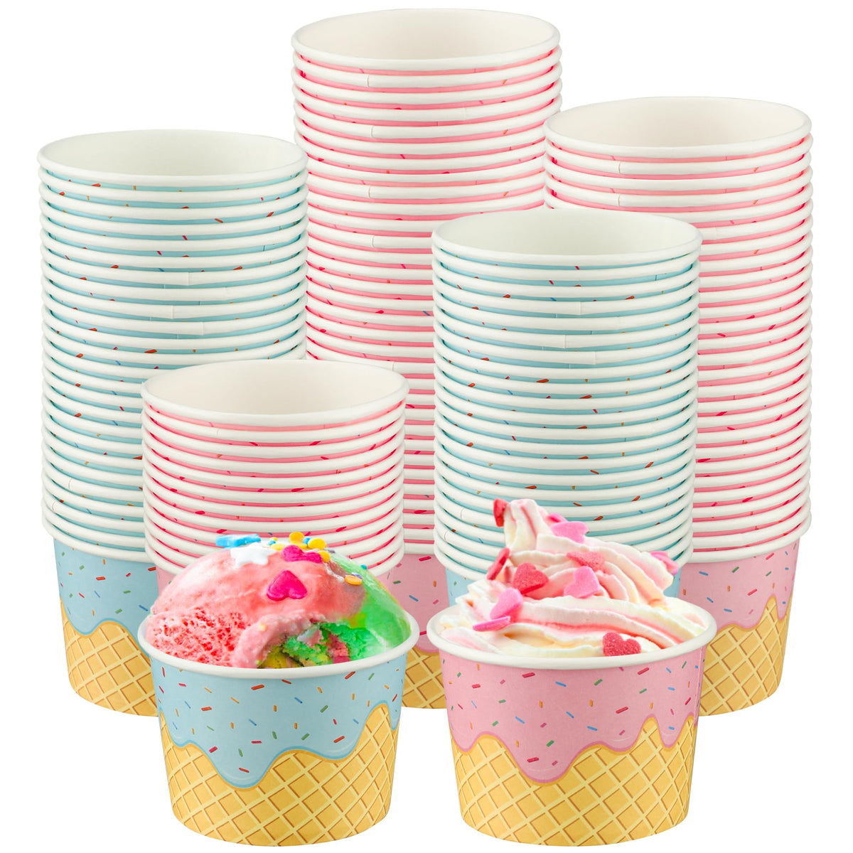Augisteen 50 Pack Paper Ice Cream Cups 9oz Dessert Paper Bowls Disposable Ice Cream Party Bowls 2 Designs Treat Snack Cups for Hot or Cold Food Sundae Frozen Yogurt Soup Party Supplies