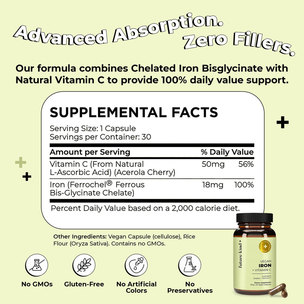 Future Kind Iron Supplement for Women & Men, Chelated Bisglycinate, 30ct