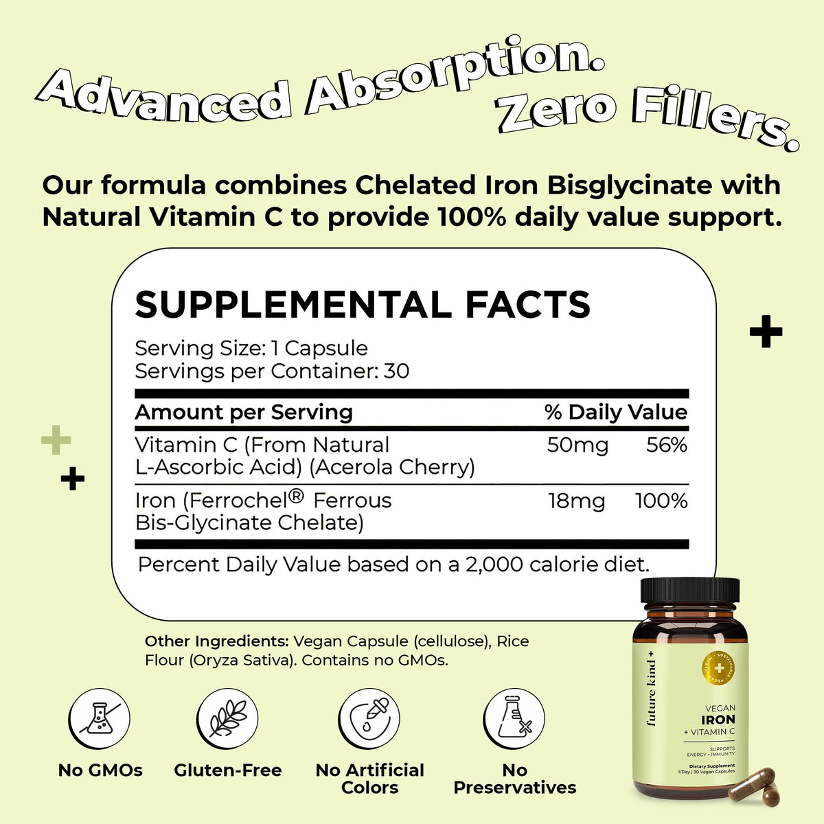 Future Kind Iron Supplement for Women & Men, Chelated Bisglycinate, 30ct