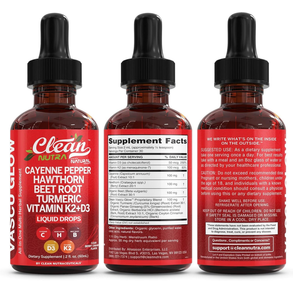 Clean Nutra Cayenne Pepper Drops Supplement Liquid + Hawthorn Berry, Vitamin D3 K2 Beet Root Powder, Ceylon Cinnamon, Turmeric Curcumin, Organic Panax Ginseng, Berberine Extract 1 Pack