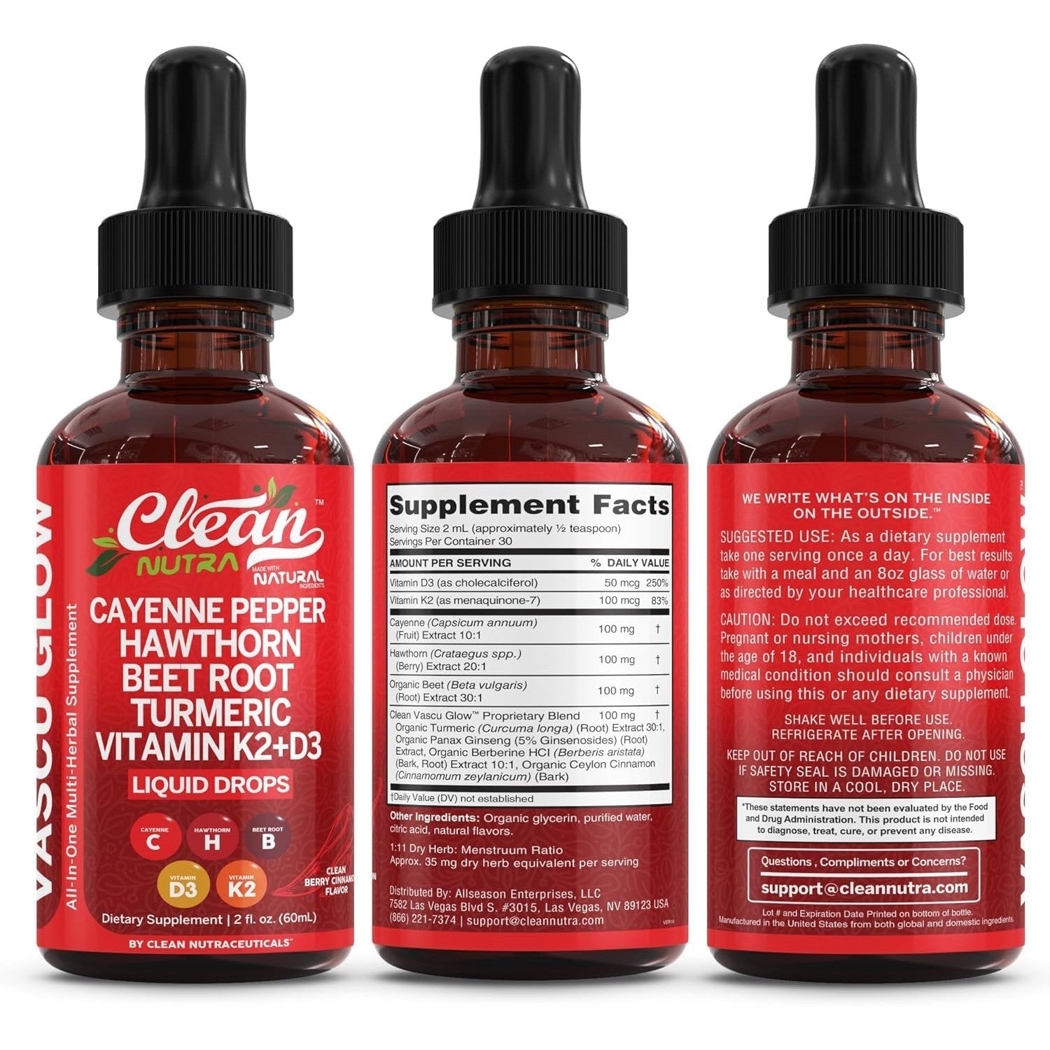 Clean Nutra Cayenne Pepper Drops Supplement Liquid + Hawthorn Berry, Vitamin D3 K2 Beet Root Powder, Ceylon Cinnamon, Turmeric Curcumin, Organic Panax Ginseng, Berberine Extract 1 Pack