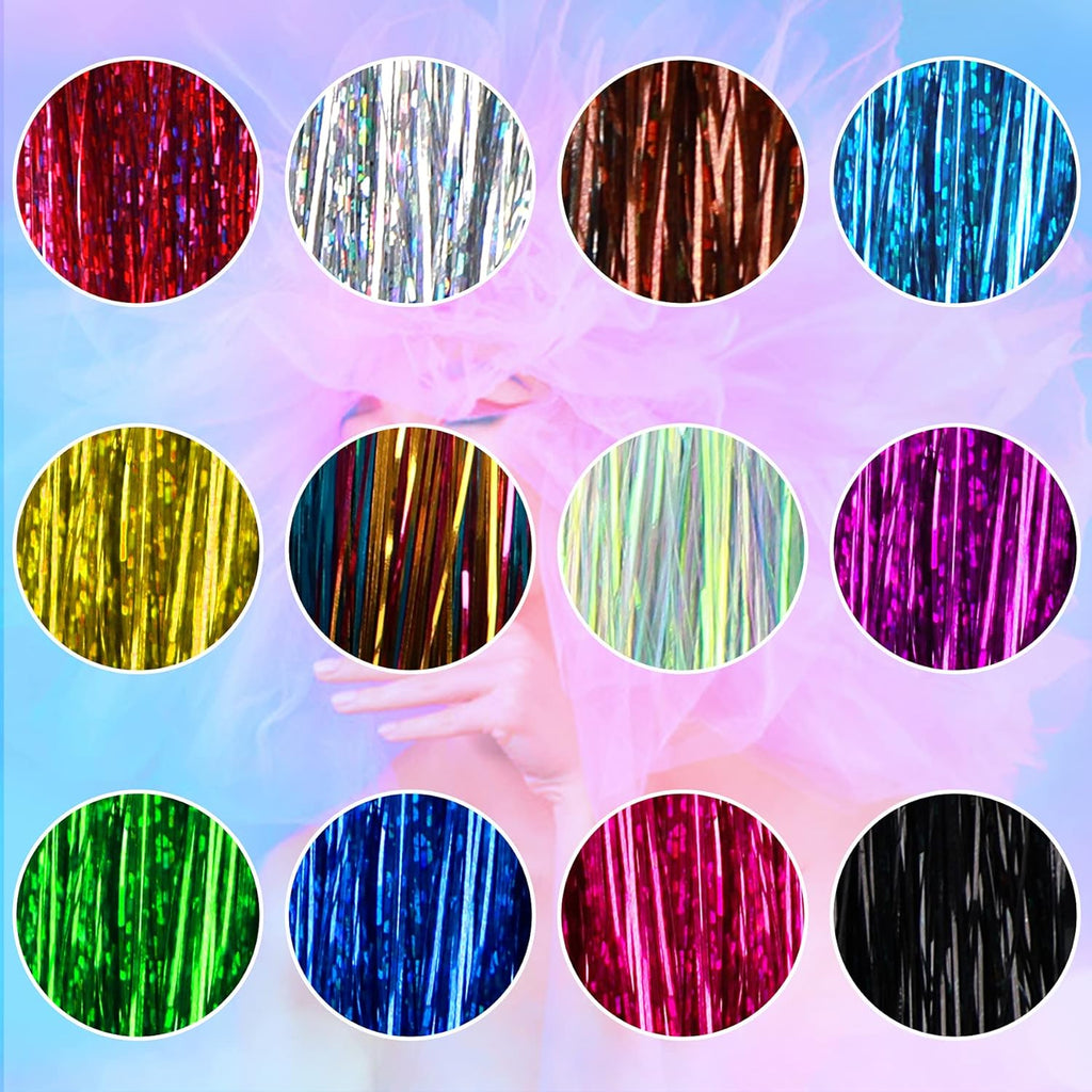 Buy now FEBSNOW 47 Inches Tinsel Hair Extension with Tool 12 Colors 2400 Strands Hair Extension Tinsel Kit Glitter Hair Extensions for Women Girls Hair Accessories for Christmas New Year Cosplay Party at indiglob india