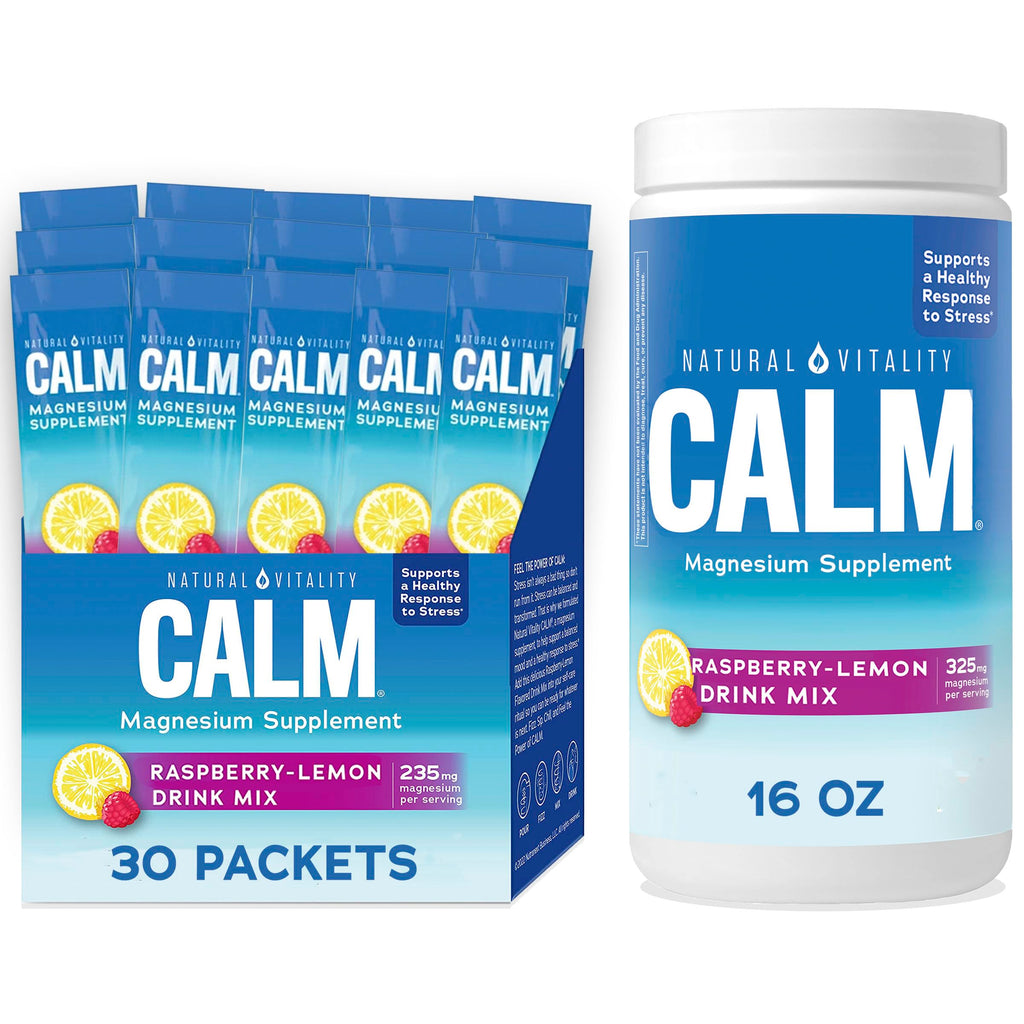 Natural Vitality Calm Magnesium Stick Packets | Raspberry Lemon Flavored Relaxing Drink Mix Powder | On-The-Go Pouches | Gluten & Sugar-Free | 255mg Per Serving | 30 Count