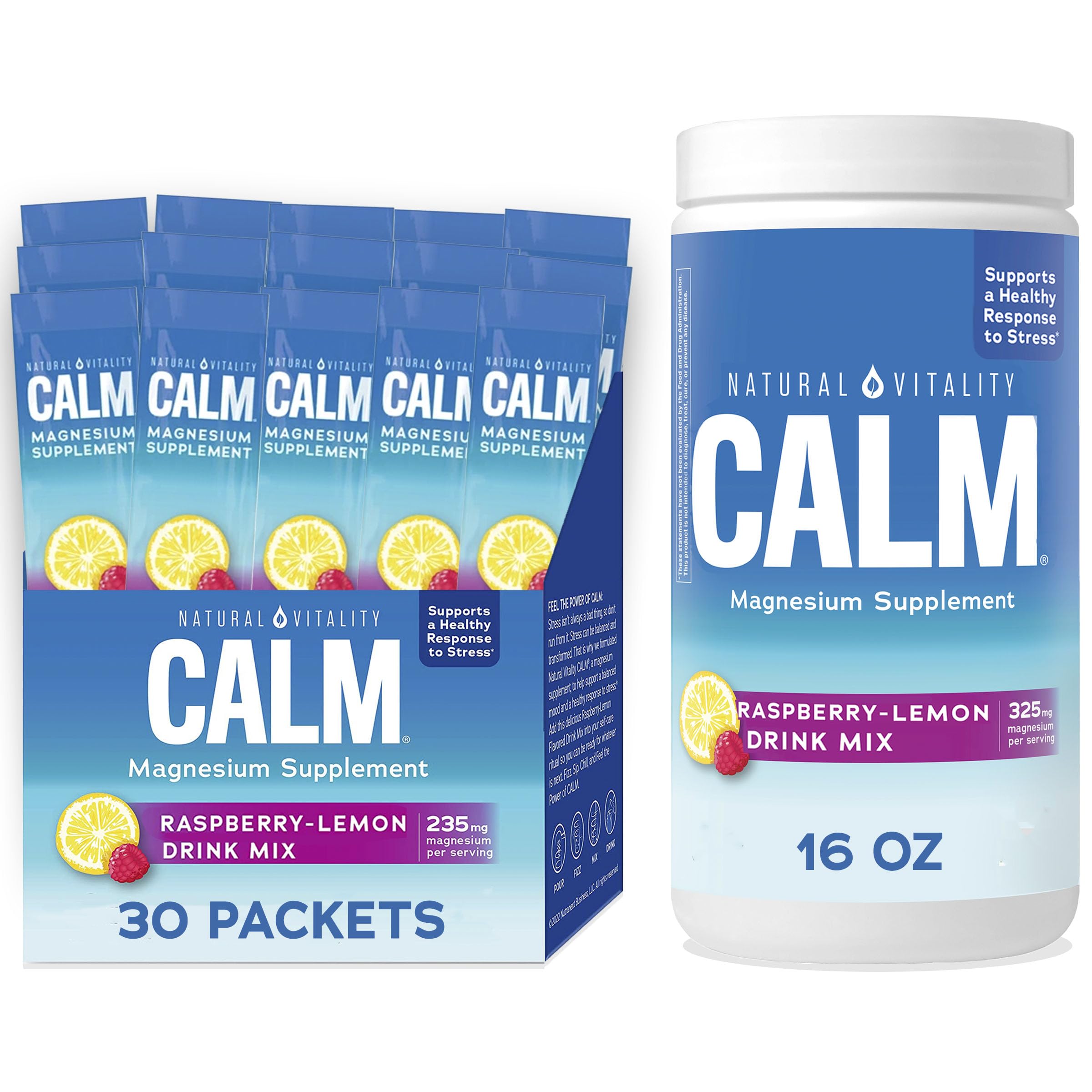 Natural Vitality Calm Magnesium Stick Packets | Raspberry Lemon Flavored Relaxing Drink Mix Powder | On-The-Go Pouches | Gluten & Sugar-Free | 255mg Per Serving | 30 Count