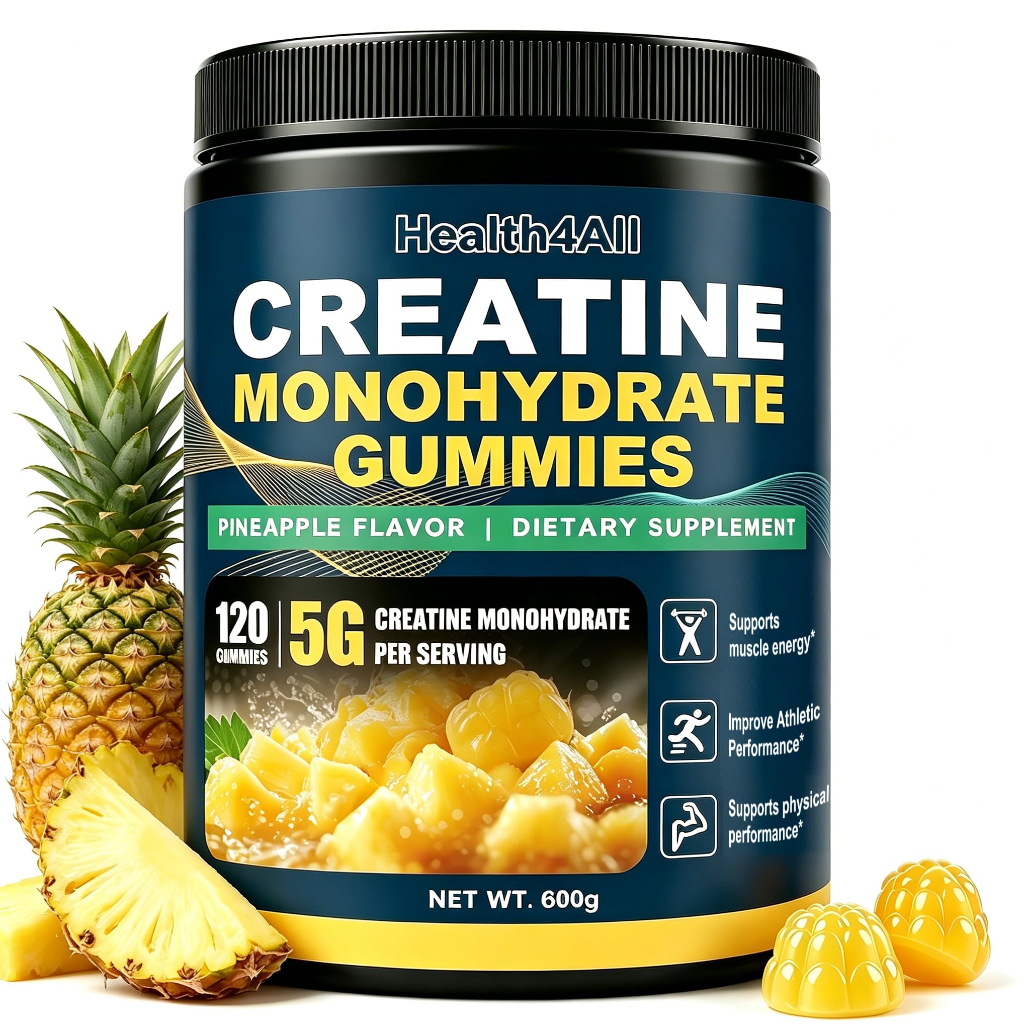 Health4All Creatine Monohydrate Gummies 5g for Men & Women, Creatine Gummy for Strength Energy & Muscle Growth Support Pre-Workout Supplement - Raspberry & Blueberry 120 Gummy