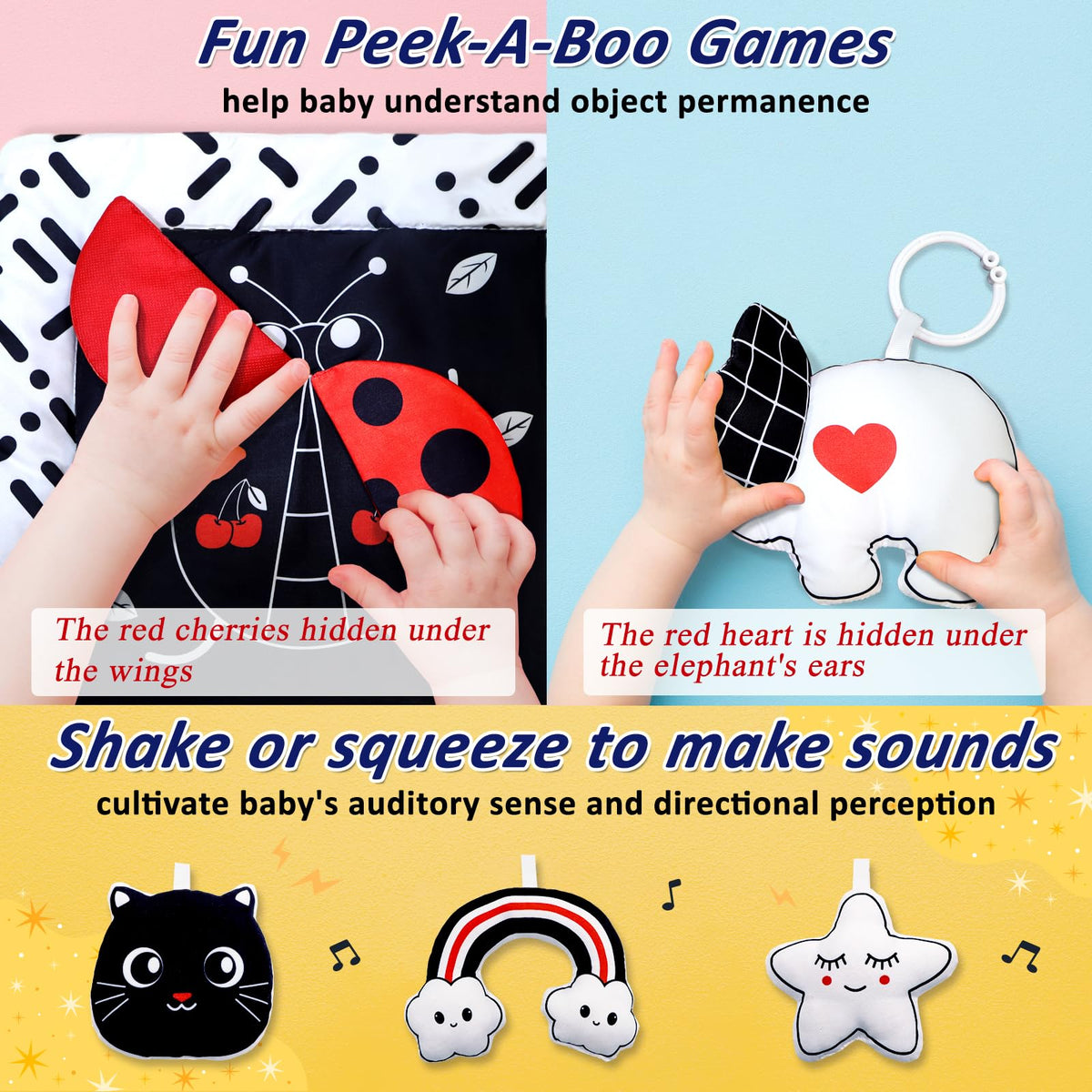 Poycuna Black and White Baby Gym Play Mat with 6 Toys Tummy Time Activity Mat for Babies 0-6 6-12 Months High Contrast Baby Gyms & Playmats Sensory Toys Newborn Brain Development Infant Play Mat