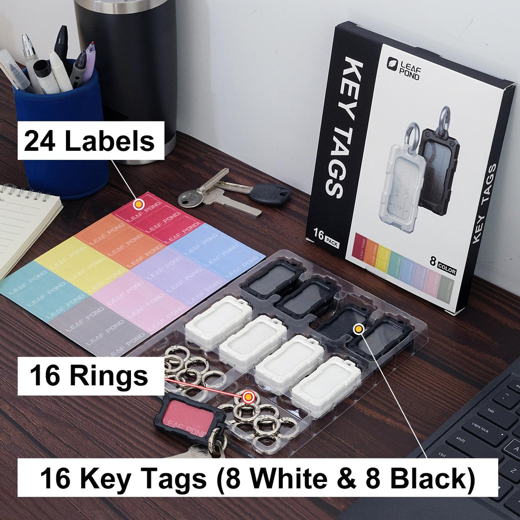 16 Pcs Solid Plastic Key Tags with O Rings, Custom ID Name Label