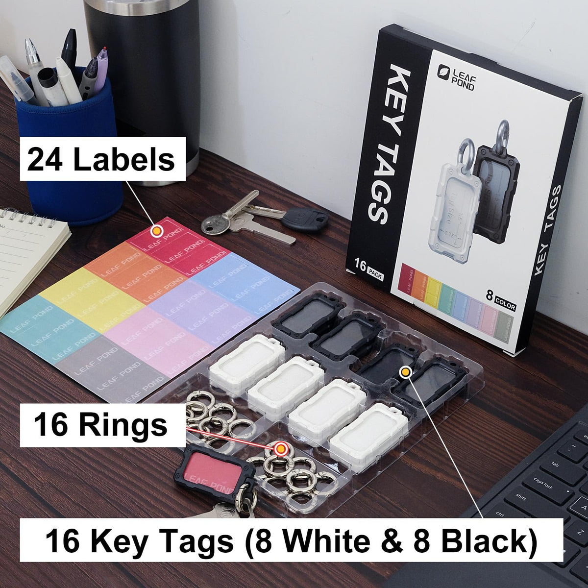 16 Pcs Solid Plastic Key Tags with O Rings, Custom ID Name Label