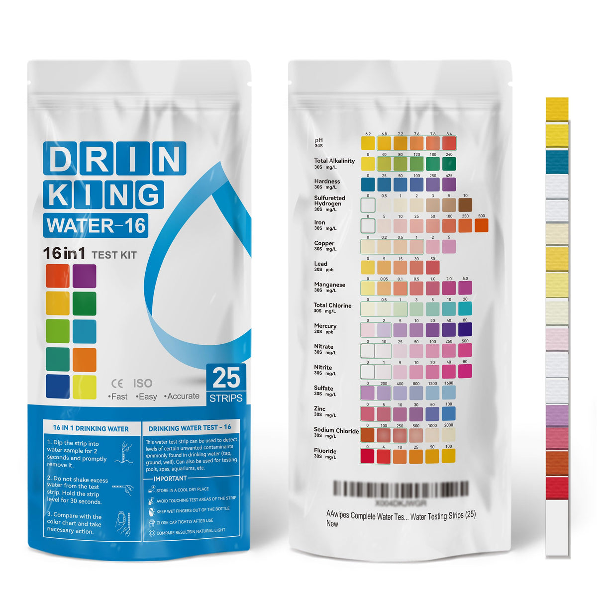 AAwipes Complete Water Testing Kits for Drinking Water 25 Strips Bag Pack 16 in Well, Tap, Drinking Water, City Water Testing Strips (25)