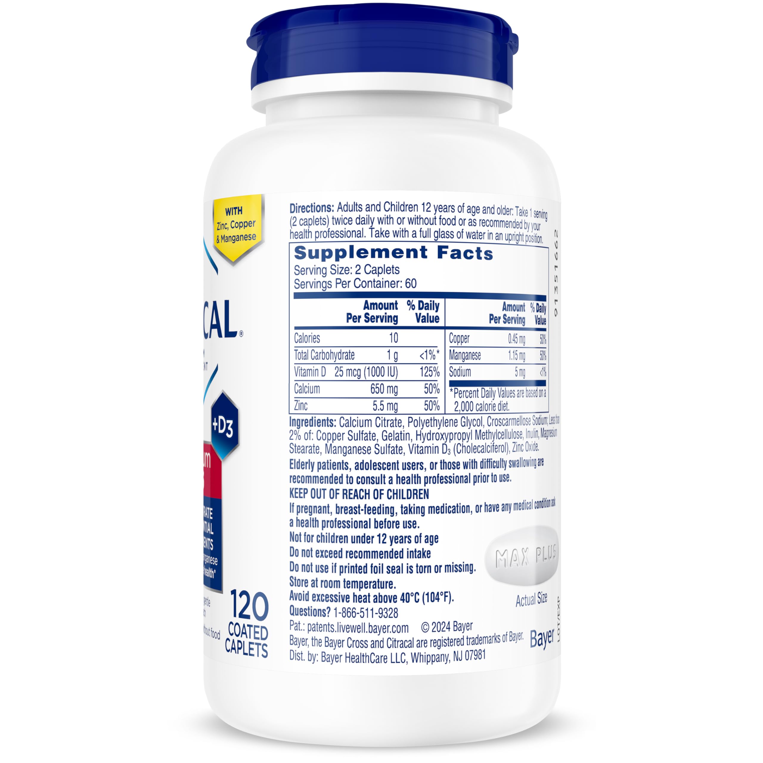 Citracal Maximum Plus Calcium Supplement - Calcium Citrate with Vitamin D3, Zinc, & Essential Minerals for Bone Health Support, Ages 12+, 120 Count (Packaging May Vary)