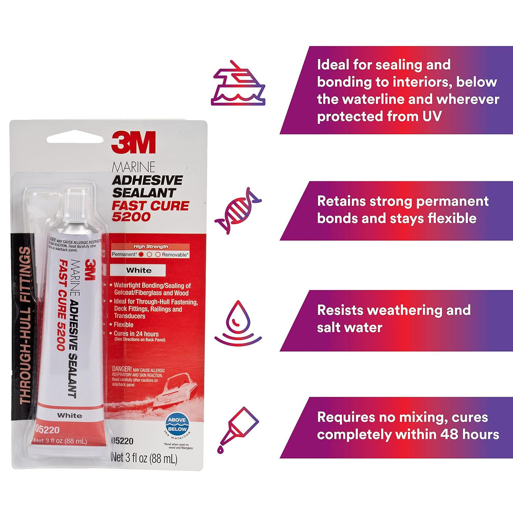 Buy now 3M Marine Adhesive Sealant Fast Cure 5200 (05220) Permanent Bonding and Sealing for Boats and RVs Above and Below the Waterline Waterproof Repair, White, 3 fl oz Tube at indiglob india