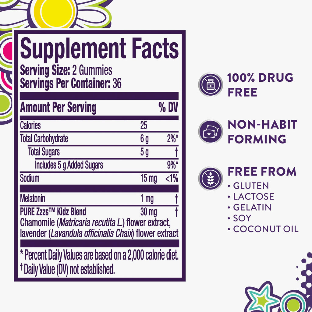 Pure Zzzs, Kidz, Kids Melatonin Gummy, Sleep Aid, Low Amount of Melatonin for Kids, with Chamomile and Lavender, 1 mg, Berry Flavored, 72 Count