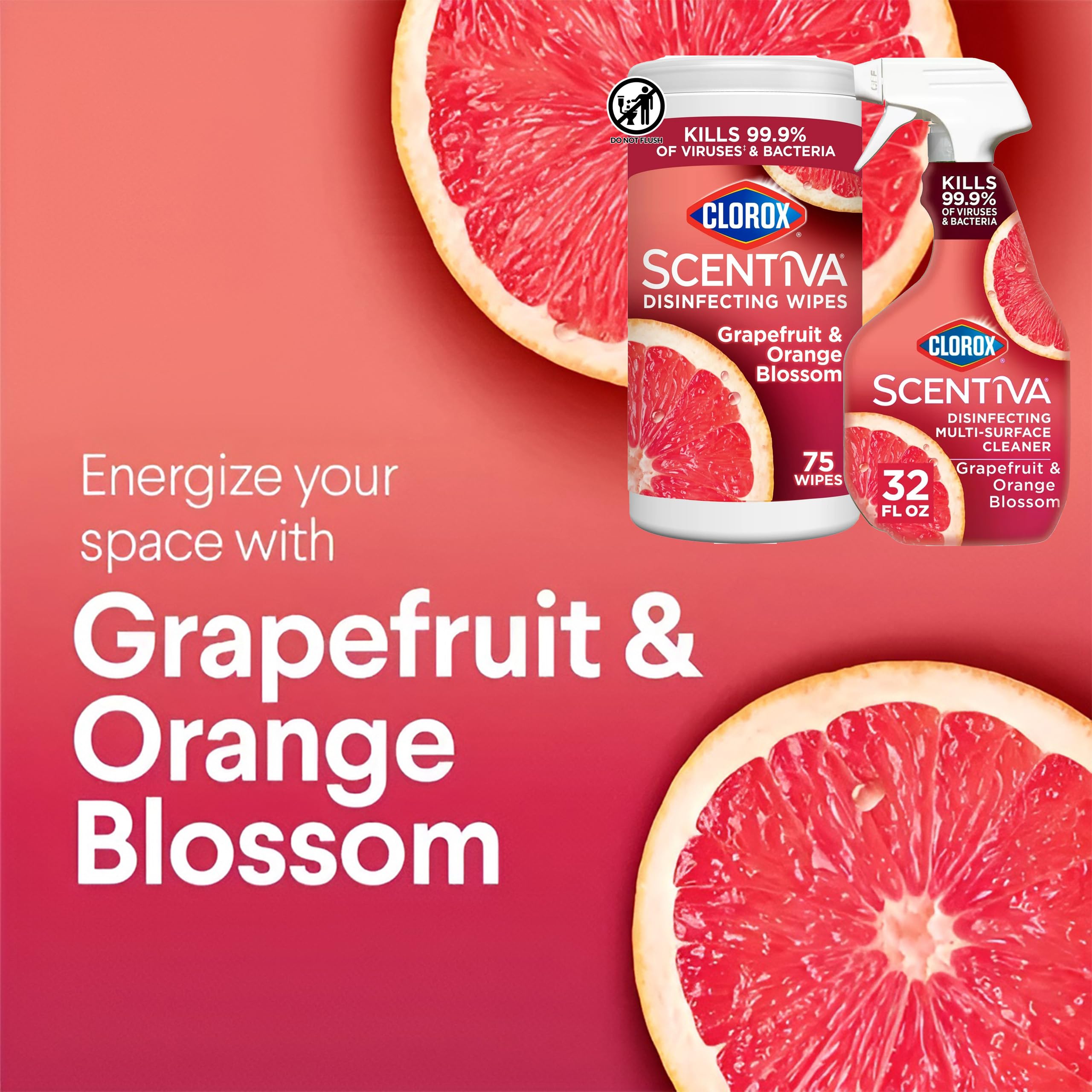 Buy now Clorox Scentiva Disinfecting Multi-Surface Cleaner Spray 32 Ounce & Disinfecting Wipes-75 Count, Tahitian Grapefruit Splash Scent Bundle at indiglob india