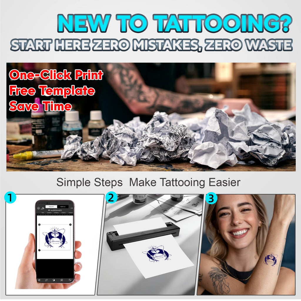 New Tattoo Stencil Printer - Fits A4-A8 Width Thermal Paper, Portable Wireless Bluetooth Thermal Tattoo Kit, Includes 10 Transfer Papers, for Artists & Beginners, Phones/Tablets/PC - Black