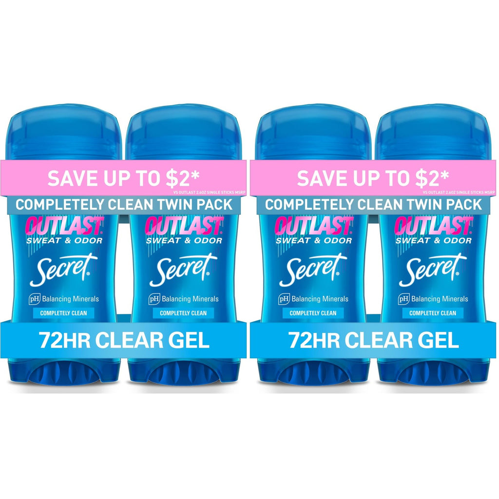 Secret Outlast Antiperspirant Deodorant for Women, 72hr Sweat & Odor Protection, PH Balancing Minerals, Pro-Hyaluronic Acid, Clear Gel, Completely Clean Scent, 2.6 oz (Pack of 2)