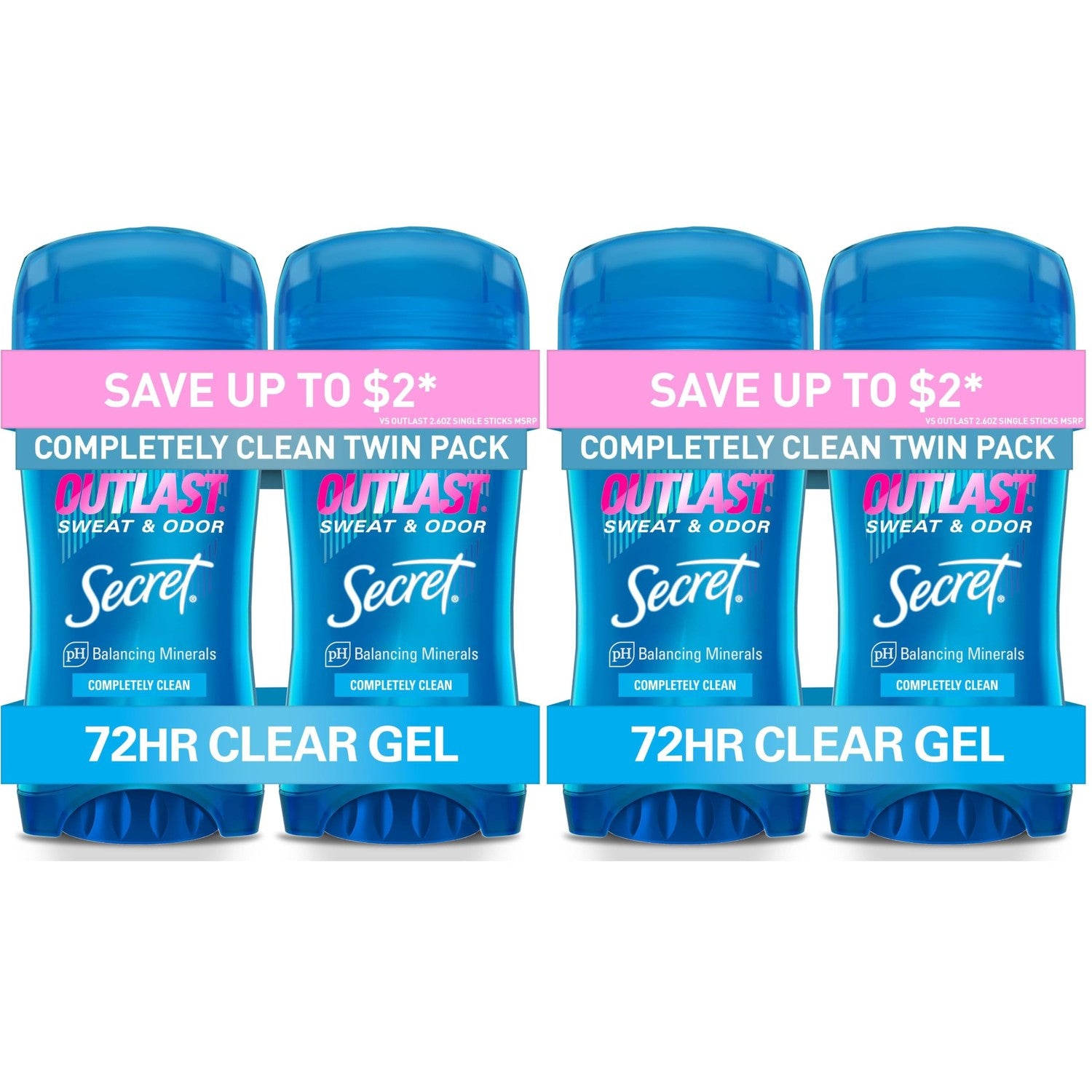 Secret Outlast Antiperspirant Deodorant for Women, 72hr Sweat & Odor Protection, PH Balancing Minerals, Pro-Hyaluronic Acid, Clear Gel, Completely Clean Scent, 2.6 oz (Pack of 2)