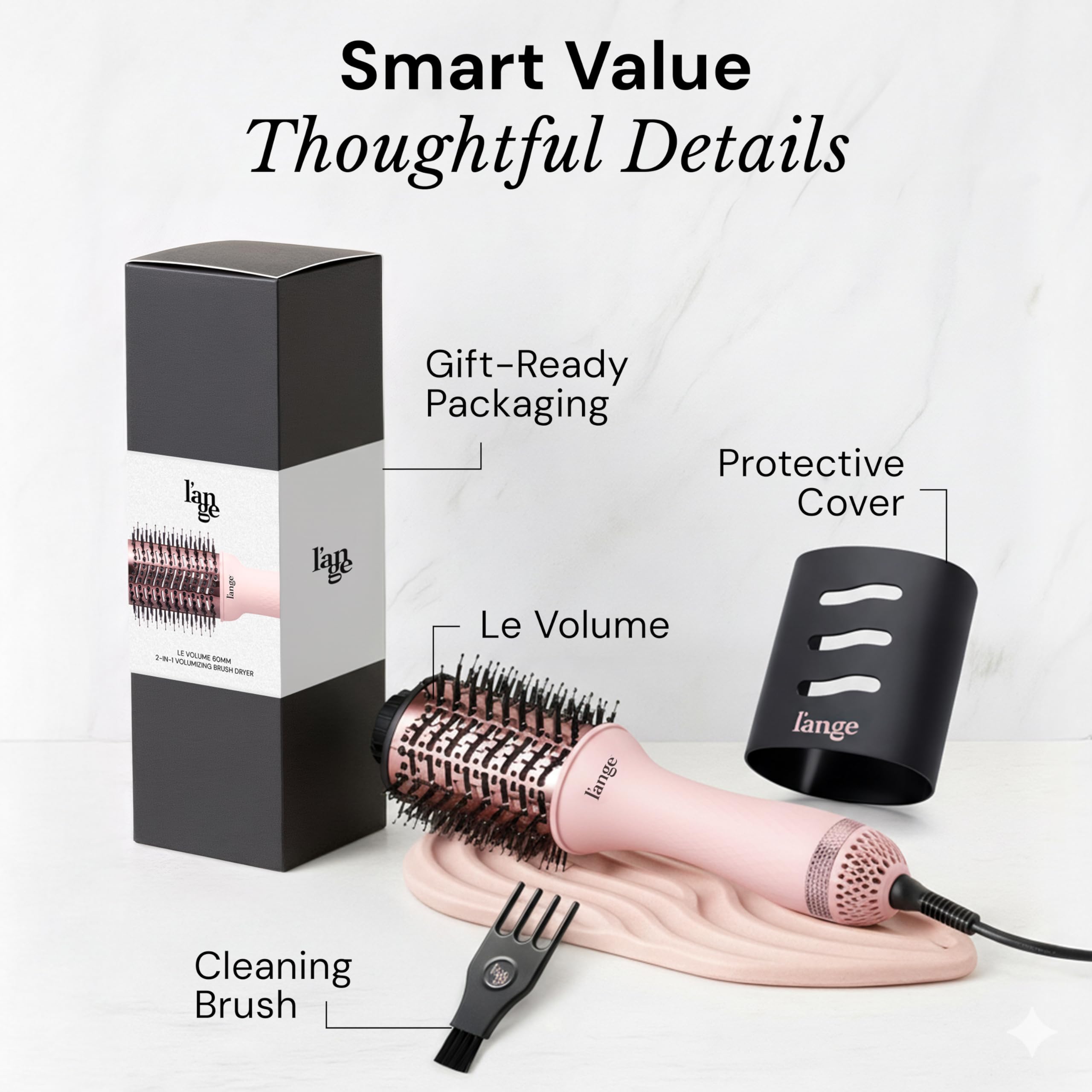 L'ANGE HAIR Le Volume 2-in-1 Titanium Blow Dryer Brush | Frizz Control Blowout Hair Dryer Brush for Drying and Styling | Volumizing Hot Air Styler for All Hairstyles | Oval Barrel | Blush - 75mm