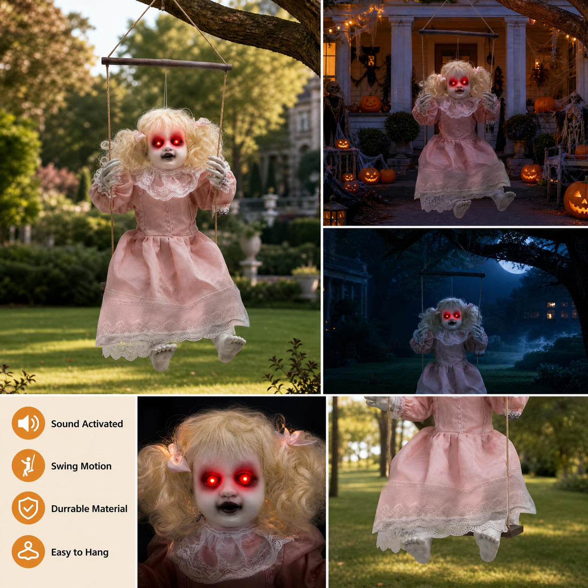 TW SHINE Halloween Animatronic Doll Decorations Outdoor, Animated Hanging Swinging Girl with Lighted Eyes Creepy Sounds, Sound Activated Scary Halloween Prop Decor for Outside Indoor Haunted House