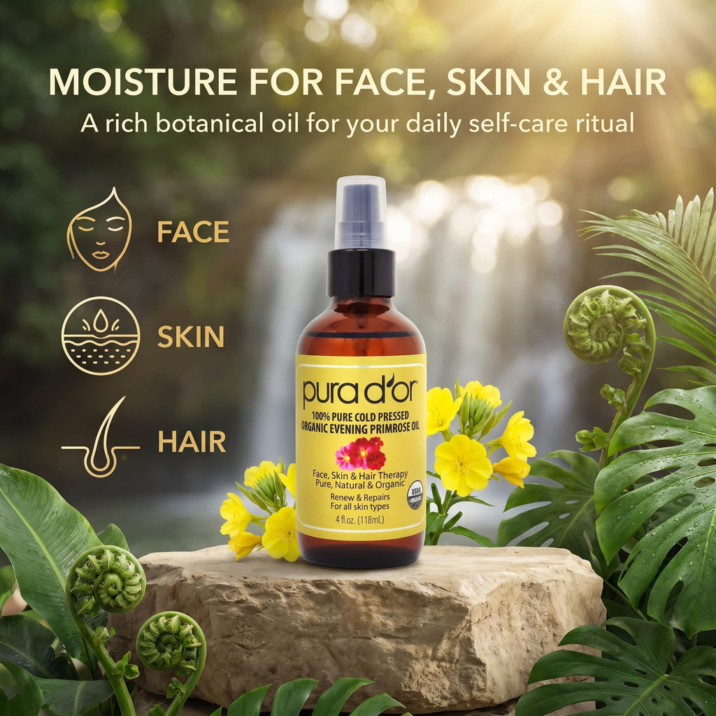 PURA D'OR Organic Evening Primrose Oil 100% Pure Cold Pressed w/Essential Fatty Acids & Antioxidant Rich - Moisturizes, Rejuvenates, Renews & Restores - Skin, Hair & Face 4 Oz Ayurvedic Skin Care