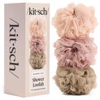 Kitsch Shower Loofah – Soft Mesh Body Scrubber & Bath Sponge - 3pc Set | for Daily Gentle Cleansing – Durable Loofah for Men and Women with Hanging Loop – Eco-Friendly, 100% PCR Material