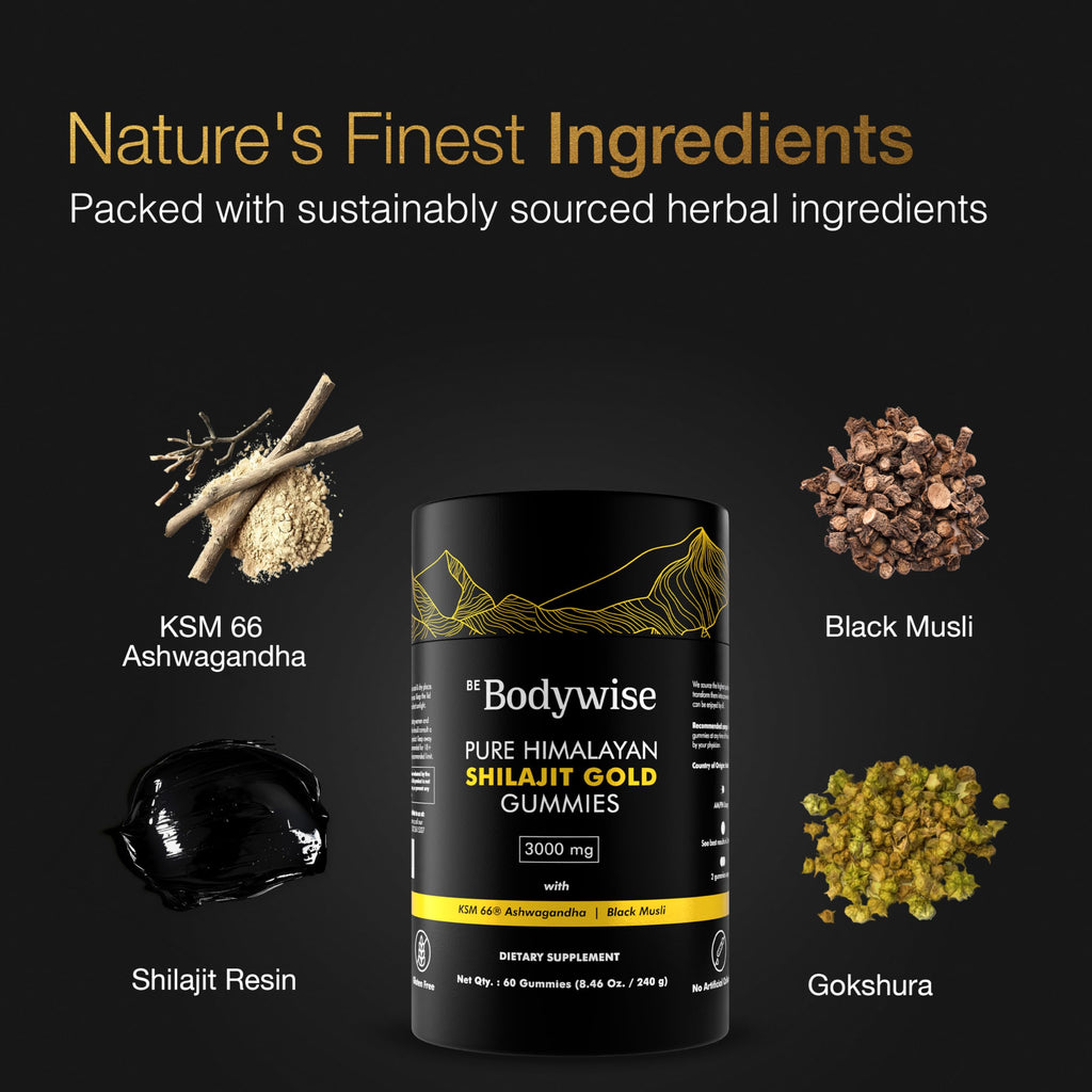 Be Bodywise Pure Himalayan Shilajit Gummies Gold I Lab Tested I No Added Sugar I Ashwagandha, Gokshura| Fulvic Acid & 85+ Trace Minerals I for Men, Women I Non-GMO I 100% Natural & Organic I 60 Gummy