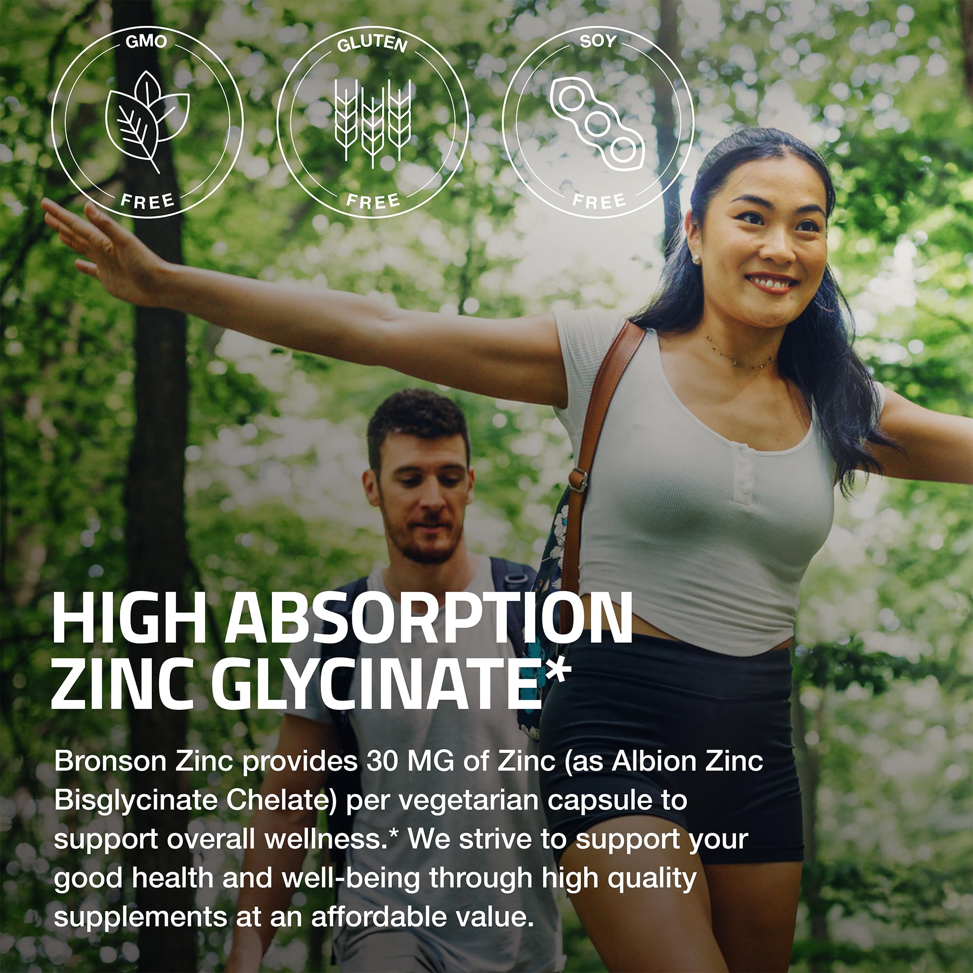 Bronson Zinc Glycinate 30 mg (Zinc Bisglycinate Chelate), 120 Capsules | 100% Chelated Zinc from Albion Minerals for Absorption & Stability, Vegetarian, Non-GMO, Gluten-Free & Soy-Free