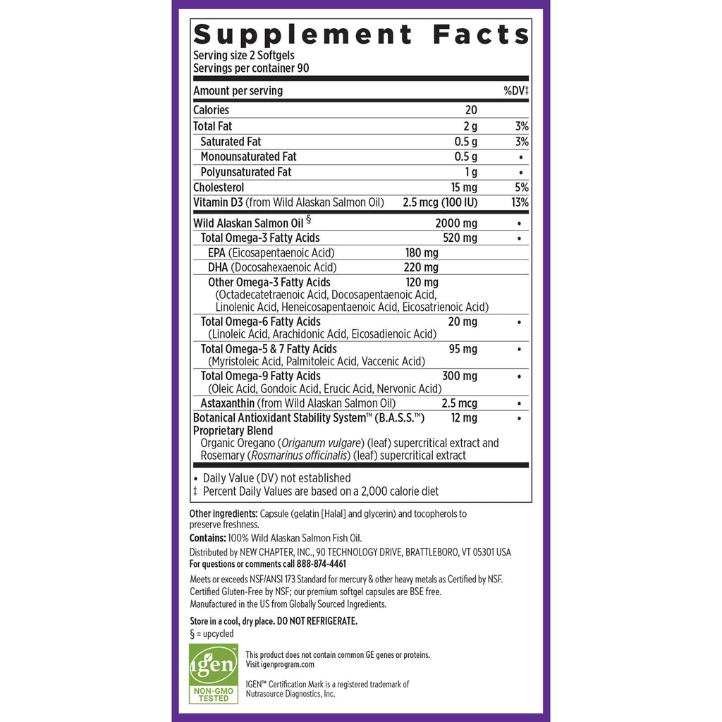 New Chapter Wholemega Wild Alaskan Salmon Oil, 180 Softgels | 2000 mg per Serving, Clinically Proven Omega-3 for Heart, Brain, and Joint Health, with Vitamin D3 and Astaxanthin