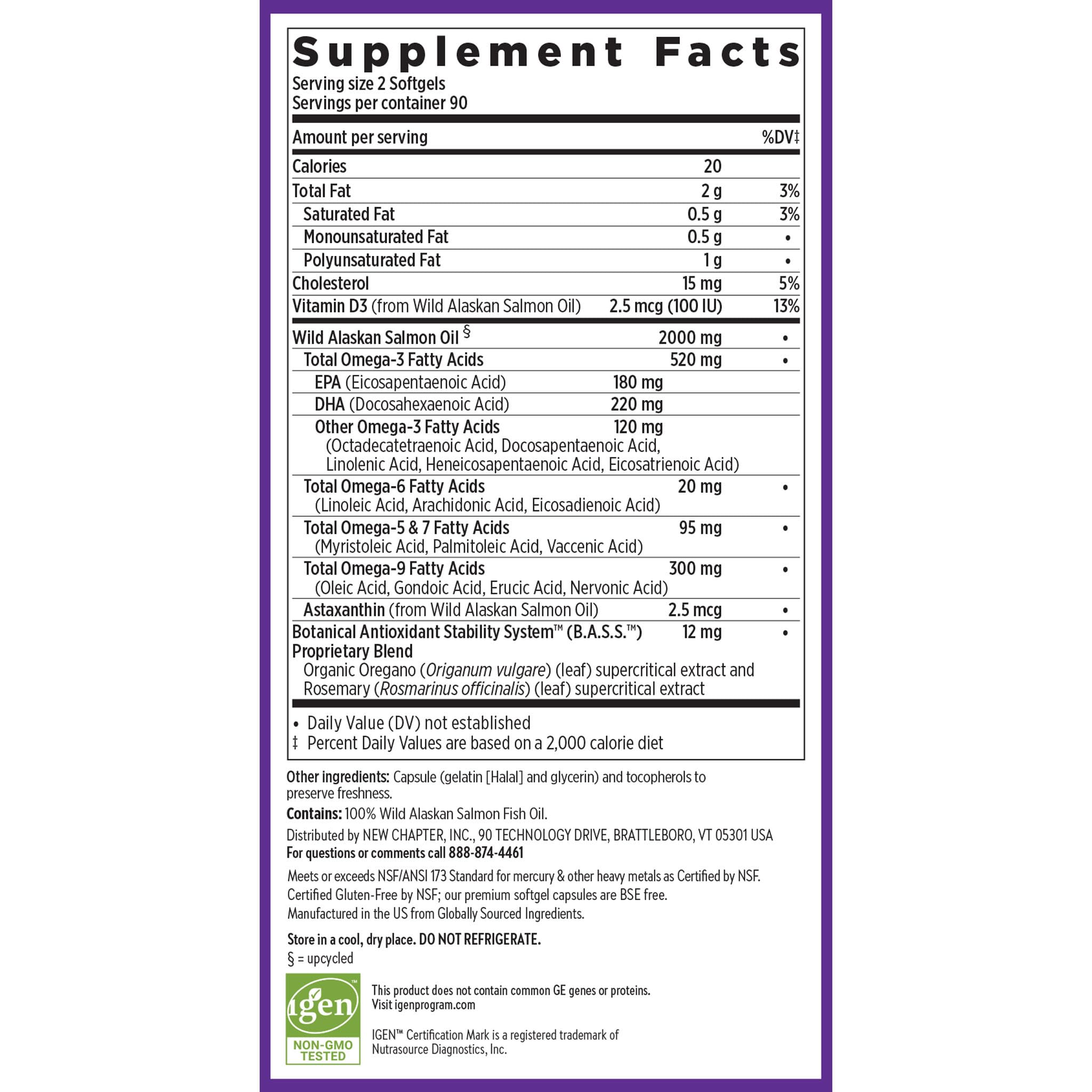 New Chapter Wholemega Wild Alaskan Salmon Oil, 180 Softgels | 2000 mg per Serving, Clinically Proven Omega-3 for Heart, Brain, and Joint Health, with Vitamin D3 and Astaxanthin