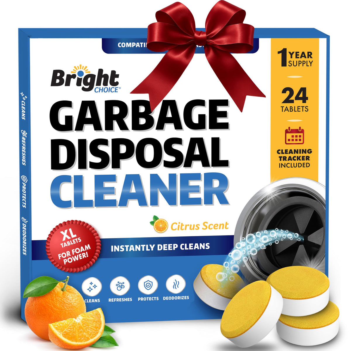 Garbage Disposal Cleaner and Deodorizer Tablets - 24 Pack, XL Citrus Foaming Tablet for Kitchen Sink Freshener, Drain Cleaner & Odor Eliminator - 1 Year of Sink Cleaning Supply