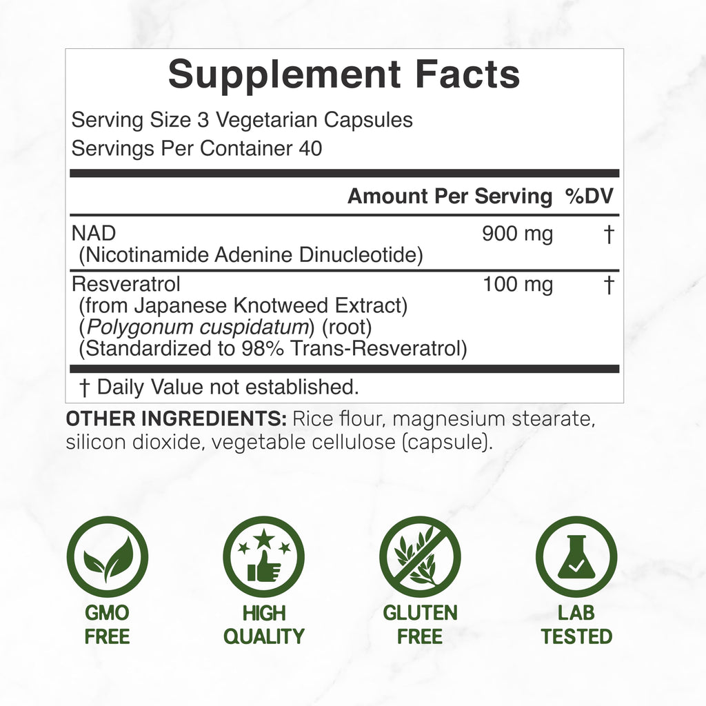 NAD+ Resveratrol Supplement 1,000mg Per Serving, 120 Veggie Capsules | 2-in-1 Extra Strength NMN Supplement Alternative | NAD Supplements for Women & Men | Non-GMO, Gluten Free