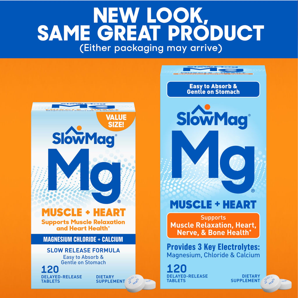 SlowMag Muscle & Heart Magnesium Chloride Supplement with Calcium, 120 Count, Supports Muscle Relaxation, Heart, Nerve & Bone Health, High Absorption