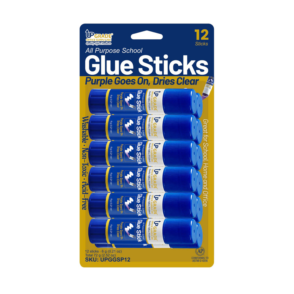 Upgrade Office Supply Glue Sticks, 6g, 12 Count, Purple Goes On Dries Clear