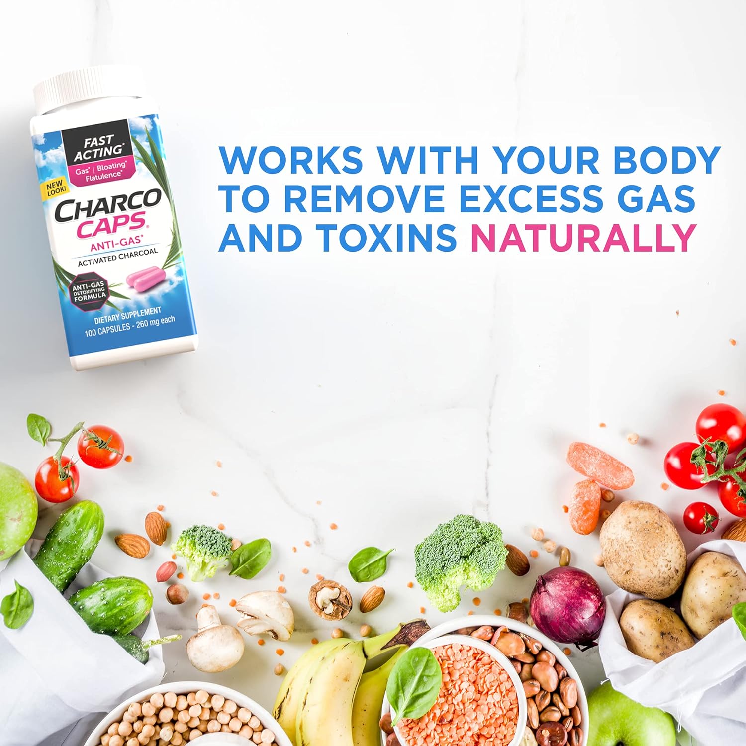 Buy now Charcocaps Fast Acting Gas Relief for Bloating & Flatulence, Drug Free Detoxifying Activated Charcoal Formula, 100 Capsules, 30 Day Supply, Pink at indiglob india