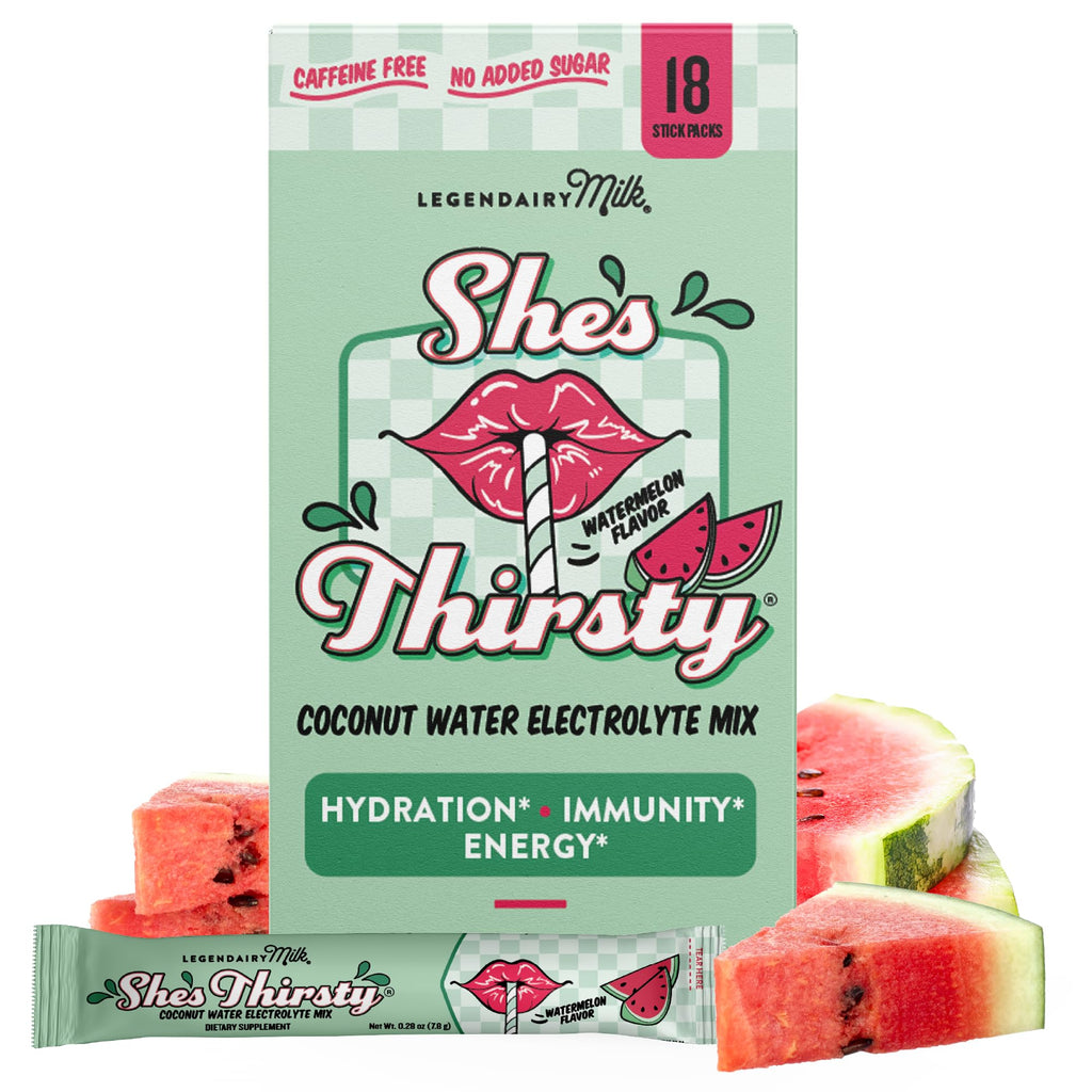Legendairy Milk She's Thirsty Lemon Lime, No Sugar Added Electrolytes Powder Packets Coconut Water Mix for Women, Instant Hydration Packets, Immune Support, Pregnancy Safe, 18 Ct