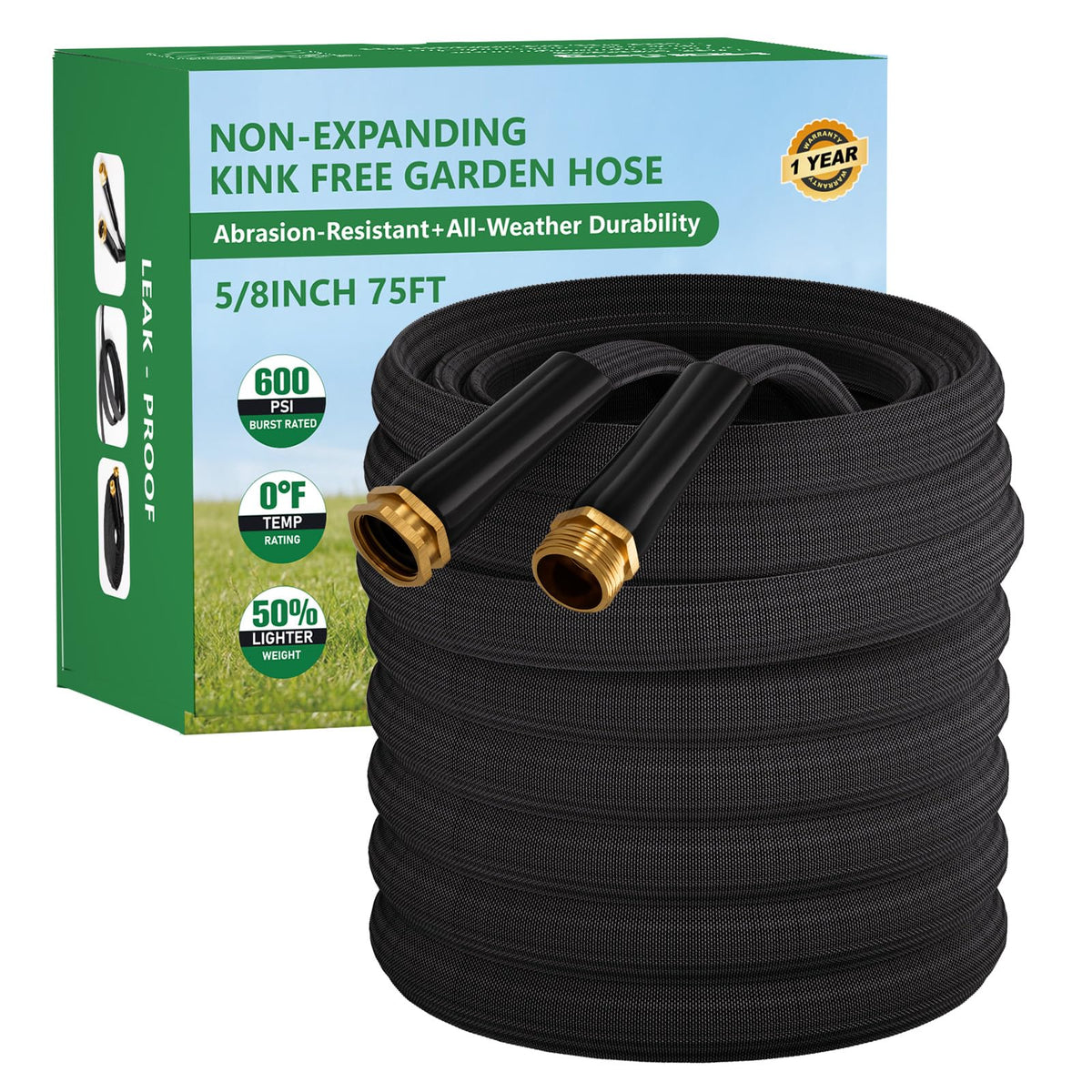 Garden Hose 75FT, Non-Expanding Water Hose Ultra Lightweight, Kink-Free, Burst-Resistant, Lead-Free, Durable & Flexible High-Pressure Hose for Yard, Lawn, Outdoor, Car Washing