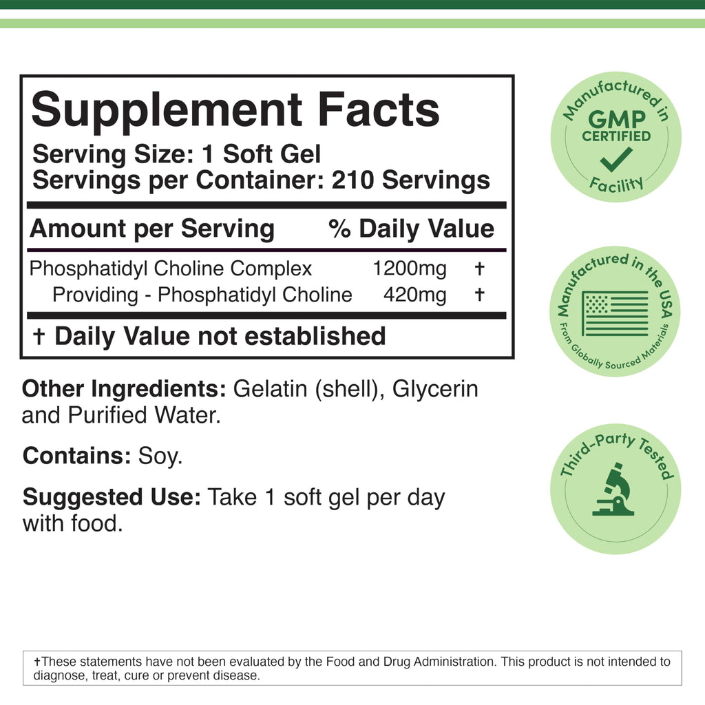 Phosphatidylcholine 1,200mg (420mg PC), Memory & Liver, 210 Softgels | Supports Memory & Cognition, Healthy Liver Support, Focus & Clarity, ~420mg per Softgel, Third-Party Tested