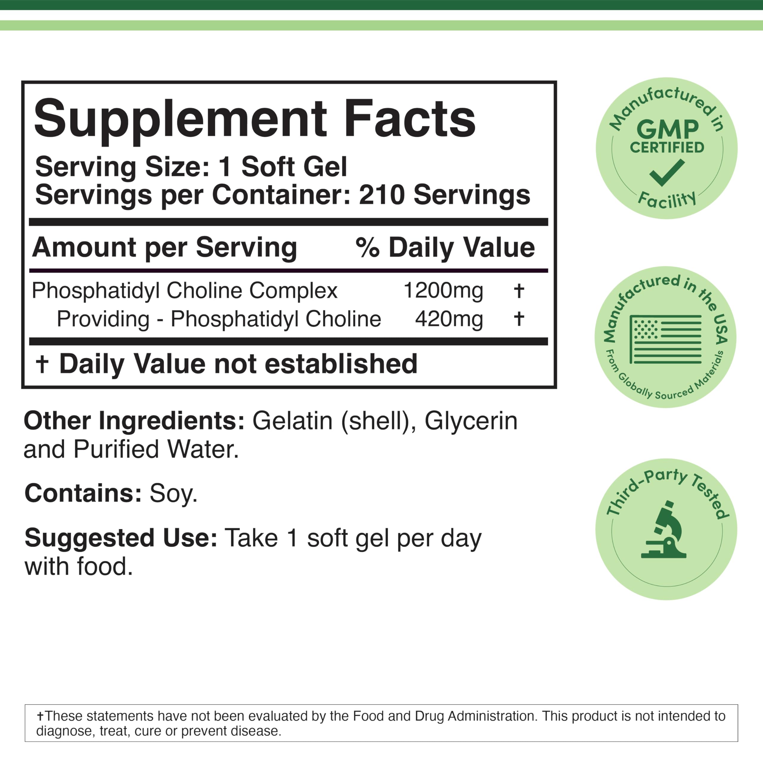 Phosphatidylcholine 1,200mg (420mg PC), Memory & Liver, 210 Softgels | Supports Memory & Cognition, Healthy Liver Support, Focus & Clarity, ~420mg per Softgel, Third-Party Tested