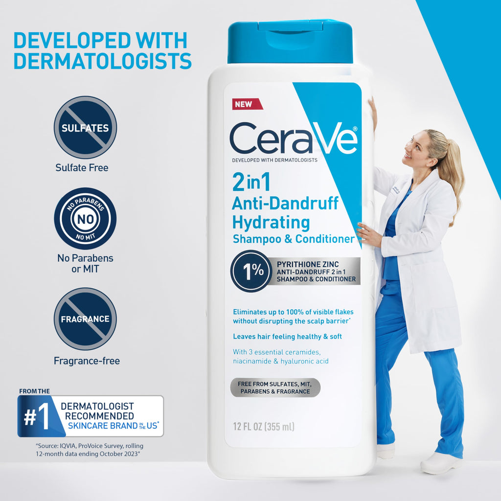 CeraVe 2 In 1 Hydrating Anti Dandruff Shampoo And Conditioner, 12 Fl Oz | 1% Pyrithione Zinc Dandruff Treatment Helps Eliminate Flakes and Relieve Itchy Scalp In A Sulfate-Free, Color-Safe Formula