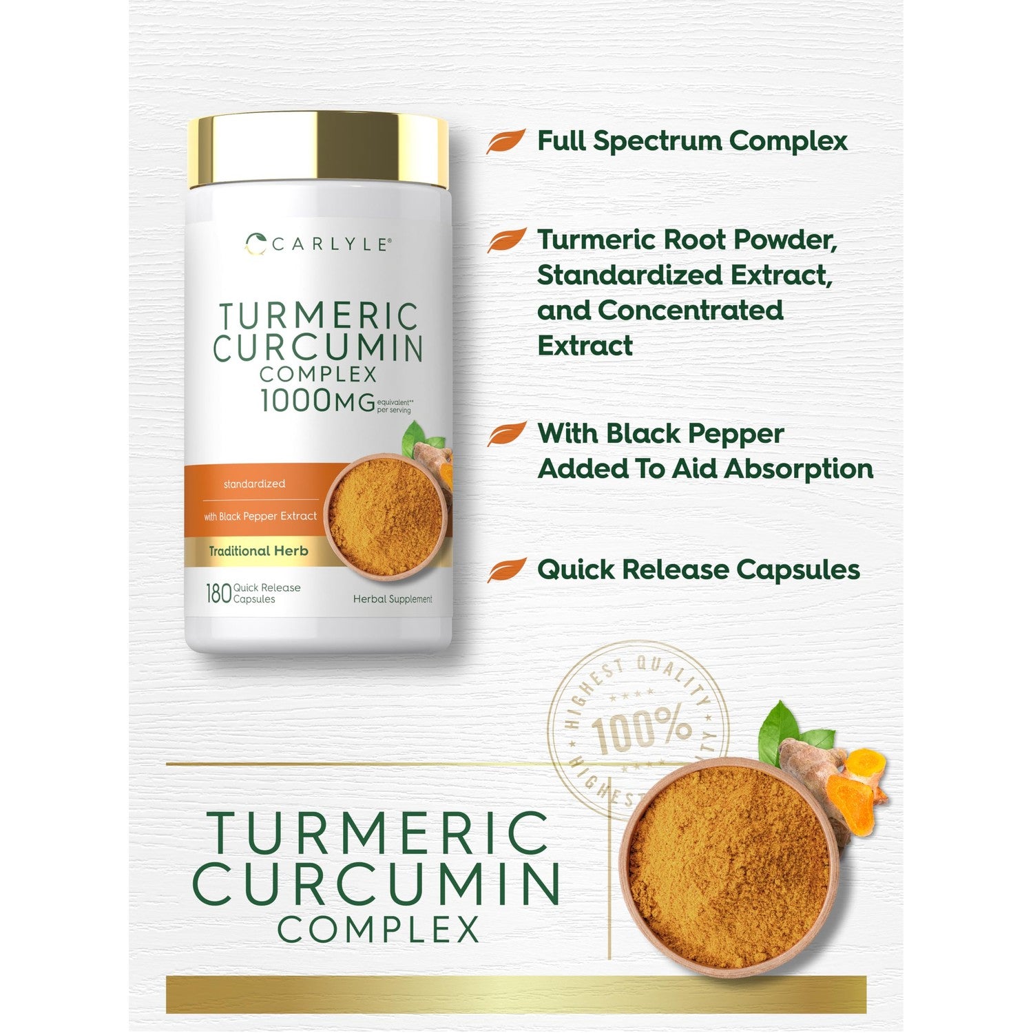 Carlyle Turmeric Curcumin with Black Pepper | 180 Capsules | Turmeric Complex Supplement | Non-GMO, Gluten Free