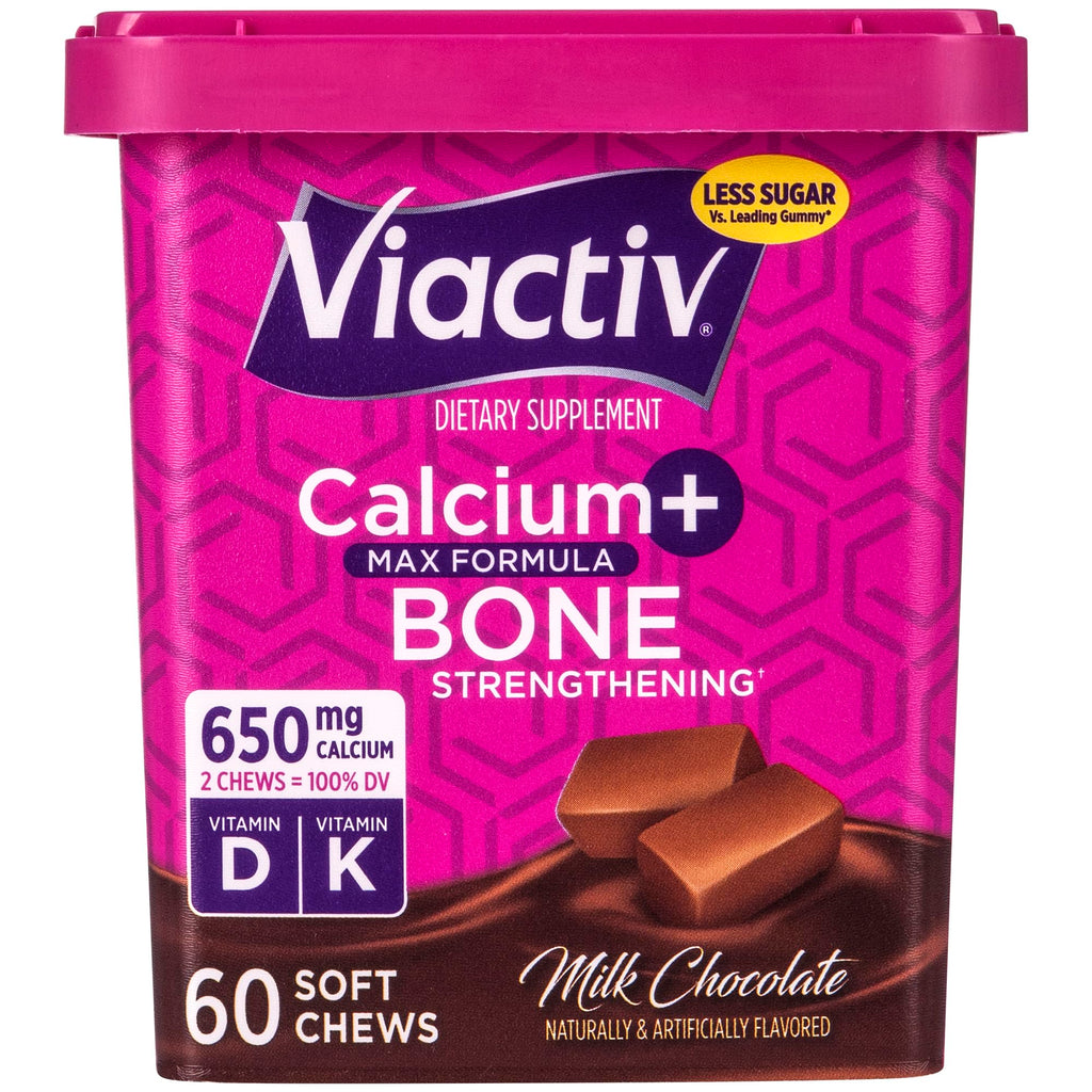 Viactiv Calcium + Vitamin D Supplement Soft Chews, 60 Count, Caramel | for Women & Men, Chewable Calcium for Bone Health Support, 650 mg per Serving, Vitamin D & K for High Absorption