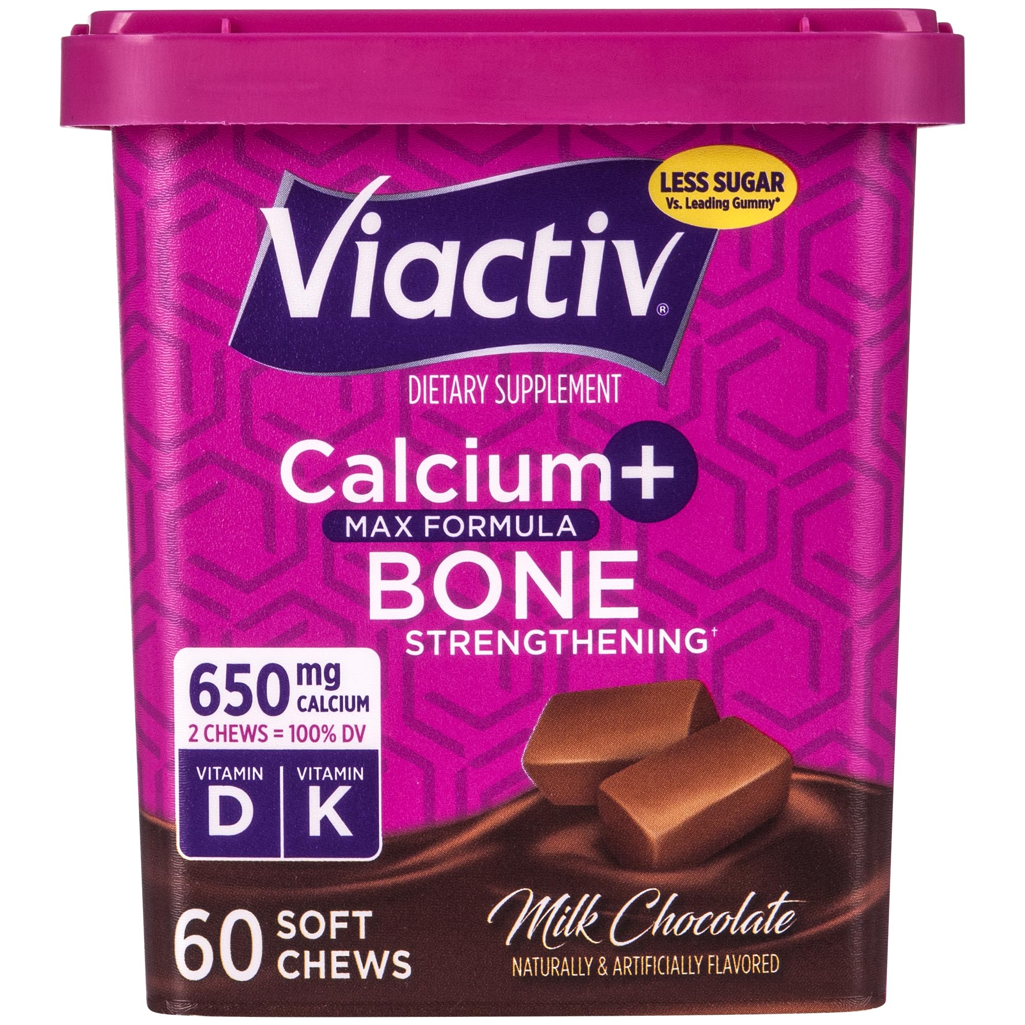 Viactiv Calcium + Vitamin D Supplement Soft Chews, 60 Count, Caramel | for Women & Men, Chewable Calcium for Bone Health Support, 650 mg per Serving, Vitamin D & K for High Absorption