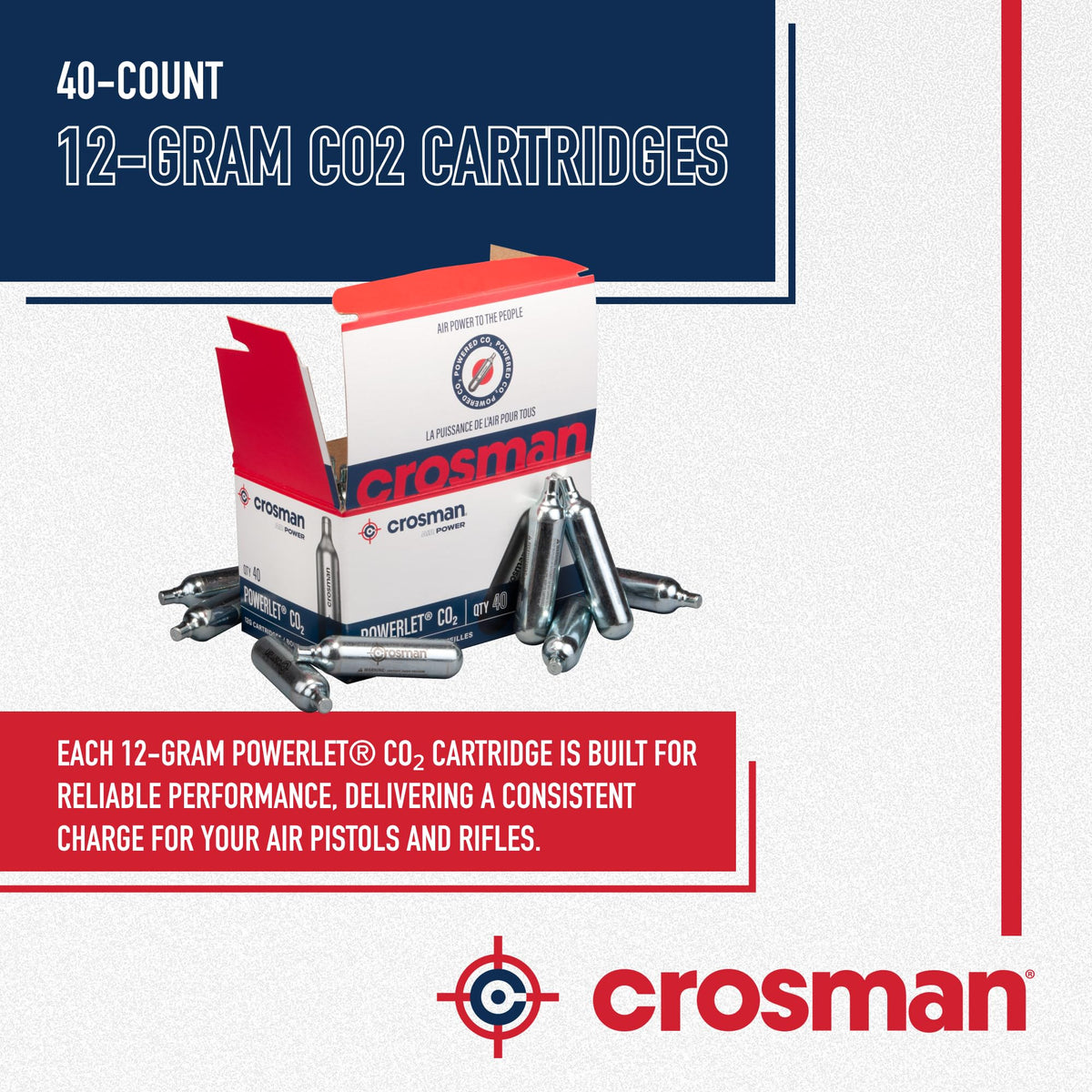 Crosman 40-Count 12-Gram CO2 Cartridges for Air Rifles and Air Pistols 23140-N, Packaging May Vary