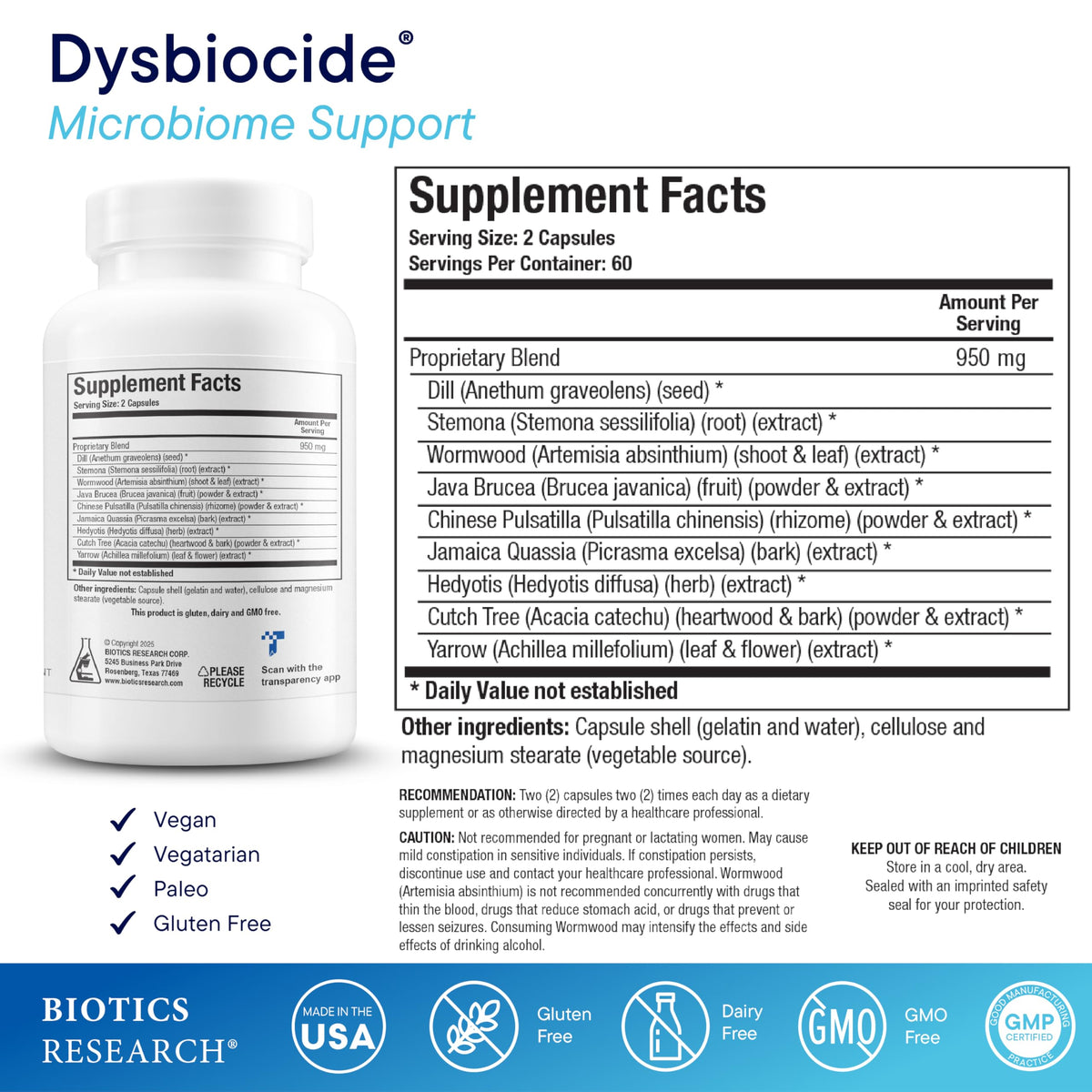 BIOTICS RESEARCH Dysbiocide Synergistic Botanical Blend Gut Health 120 Caps