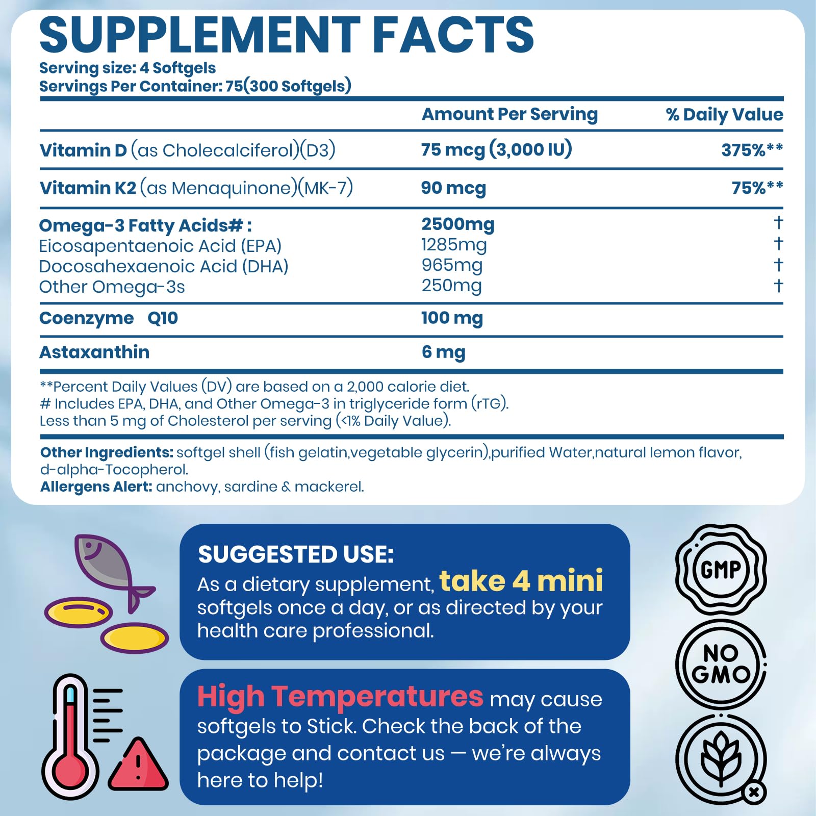 Omega 3 Fish Oil with Vitamin D3 K2 – 300 Lemon Flavored Burpless Softgels | High EPA & DHA rTG Formula with CoQ10 & Astaxanthin | Gluten-Free, Non-GMO