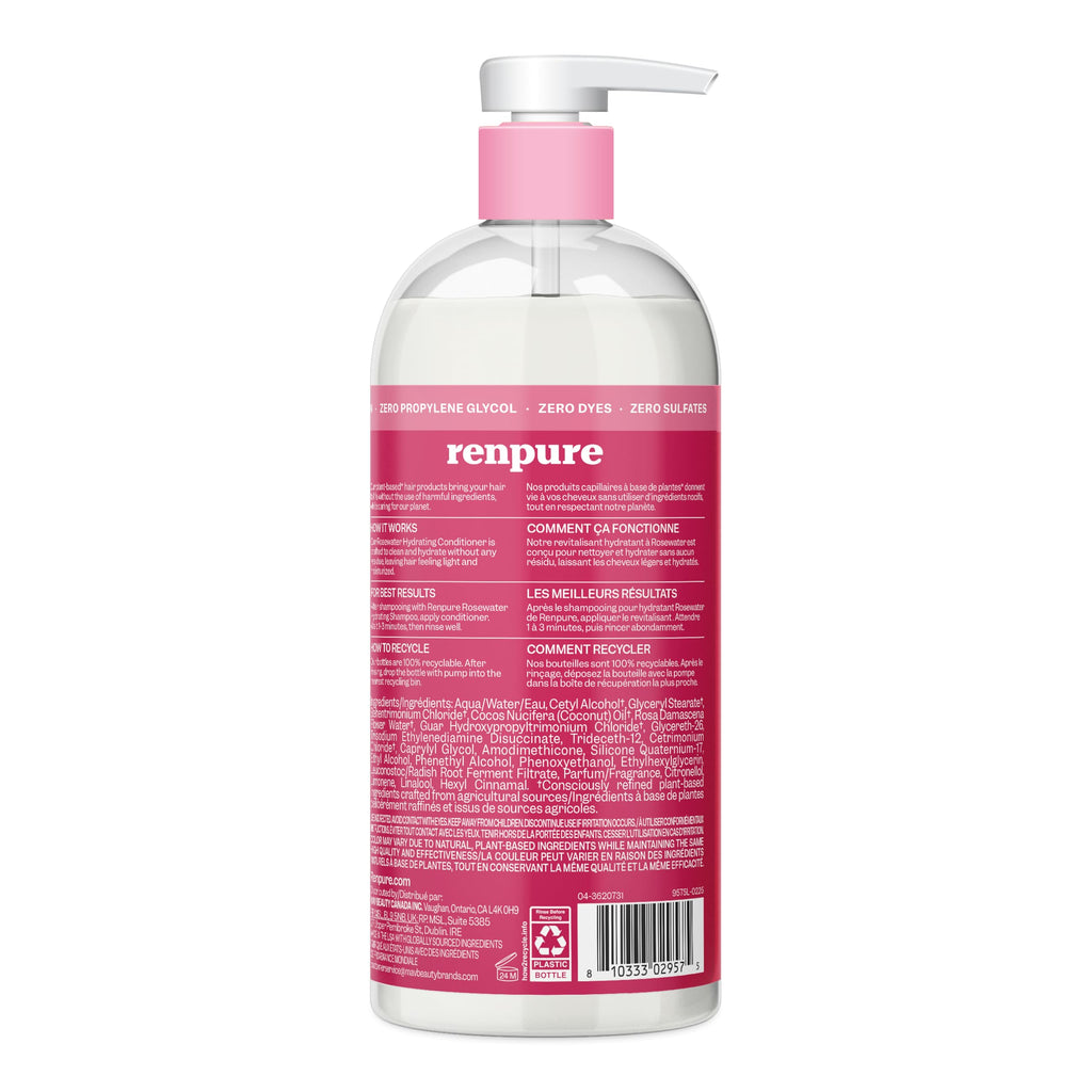 Renpure Rose Water Conditioner, 710ml, Plant Based Beauty, Soothes Scalp, Hydrates Hair, Nourishes, Free of Chemicals, For Women