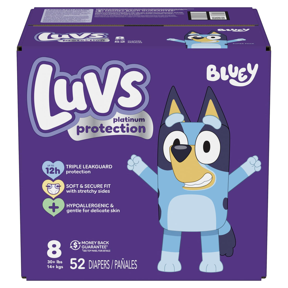 Luvs Size 8 Baby Diapers, Platinum Protection Bluey Diapers for Day & Night,Size 8 (46+ lb), 52 Count