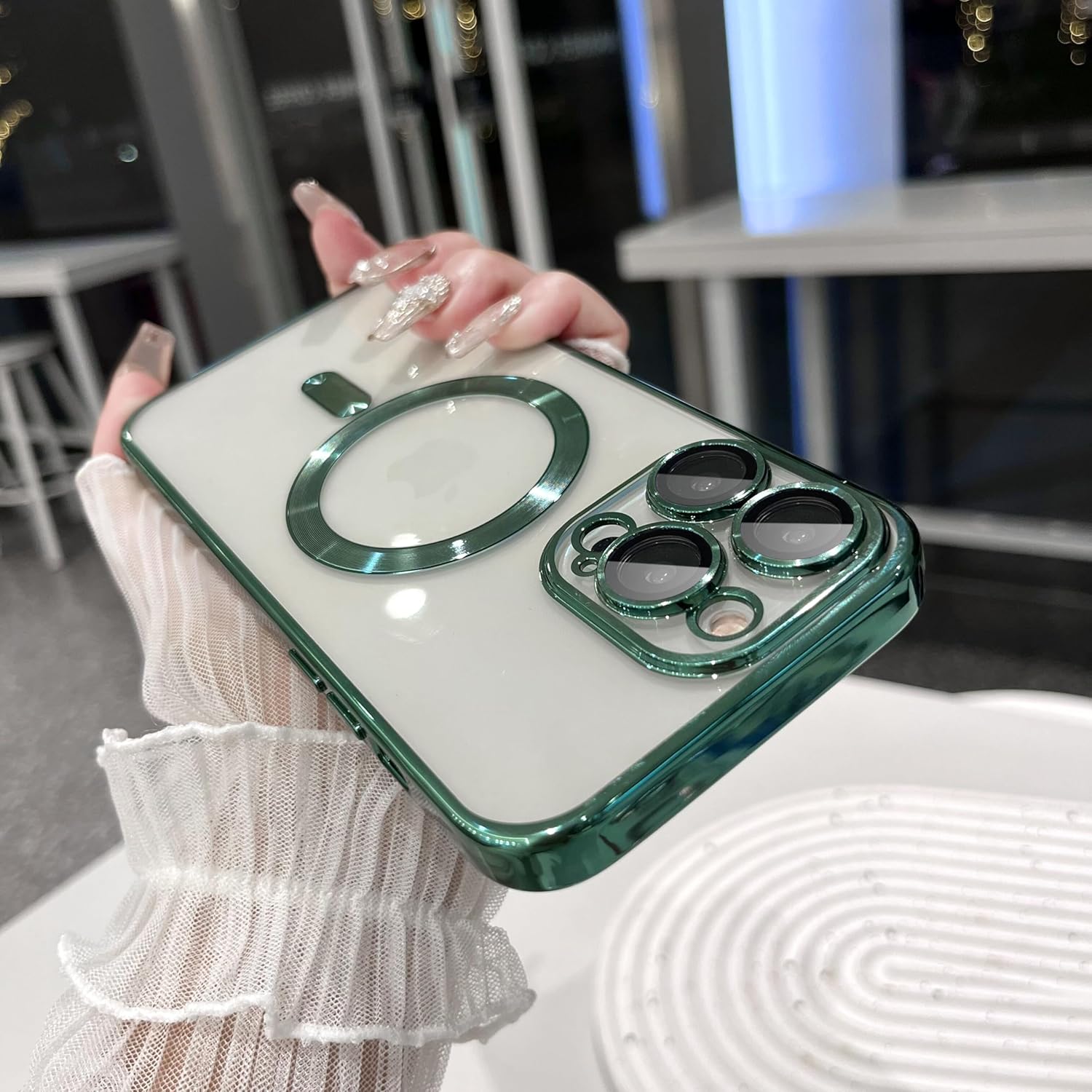 Buy now Magnetic Case for iPhone 15 Pro Max Case with Full Camera Lens Protector [Strong N56 Magnets] [Compatible with Magsafe] Clear Stylish Case for iPhone 15 ProMax Phone Case, Gold Titanium iPhone 15 Pro Max Green at indiglob india