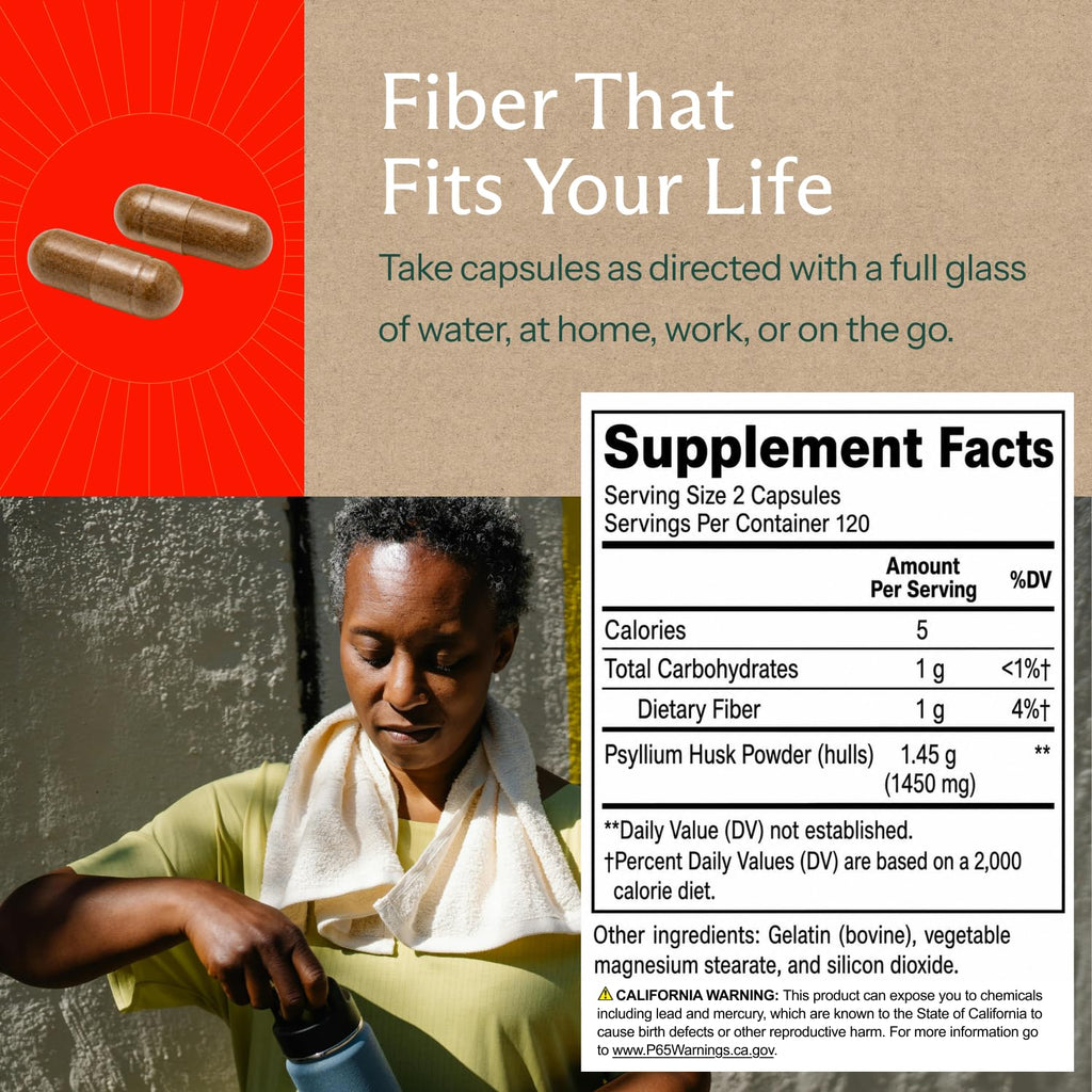 Premium Psyllium Husk Fiber Supplement 1450mg, 240 Capsules | 1,450 mg per 2-capsule serving; supports regularity & digestive health, with 120 servings and no powder mixing