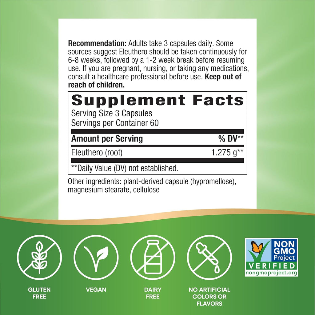 Buy now Nature's Way Premium Herbal Siberian Eleuthero Root Supplement, Supports Endurance & Vitality*, Adaptogen*, 1,275mg per 3-Capsule Serving, Non-GMO Project Verified, 180 Capsules (Packaging May Vary) at indiglob india