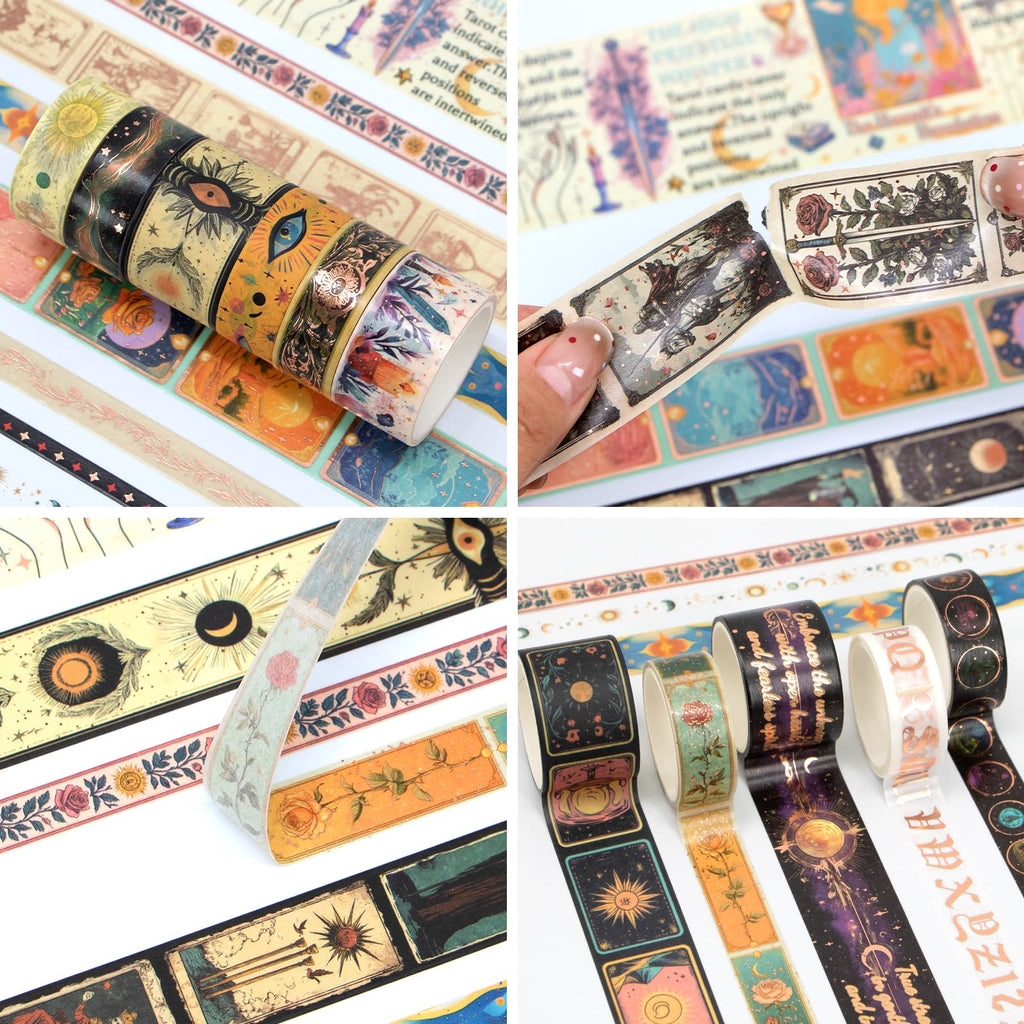 Gold Foil Tarot Washi Tape Set, 23 Rolls Vintage Decorative Washi Tape with 14 Gold Foil Designs, Assorted Widths for Journaling, Scrapbooking, Bullet Journal, Planner, Card Making & DIY Crafts